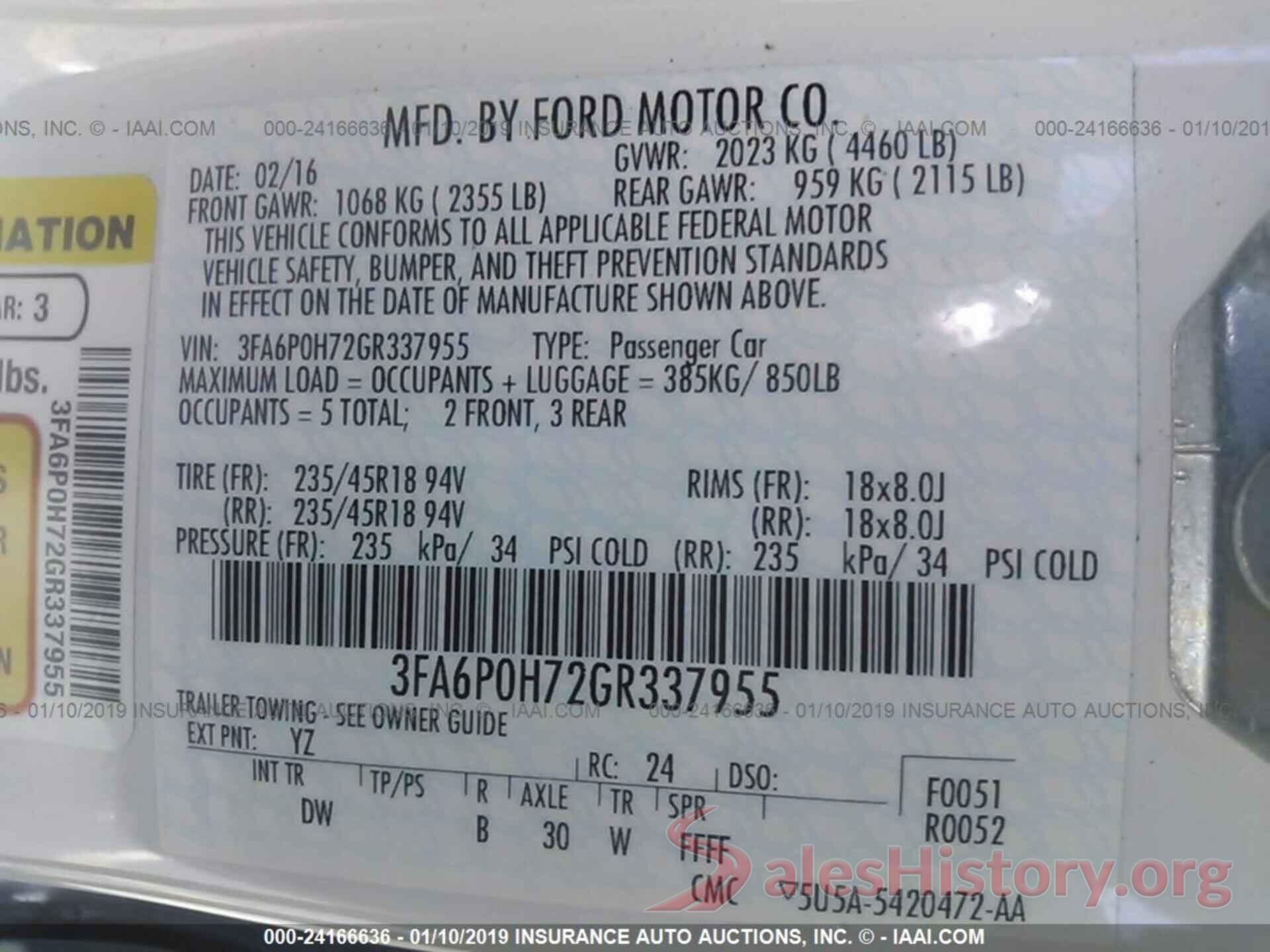 3FA6P0H72GR337955 2016 FORD FUSION