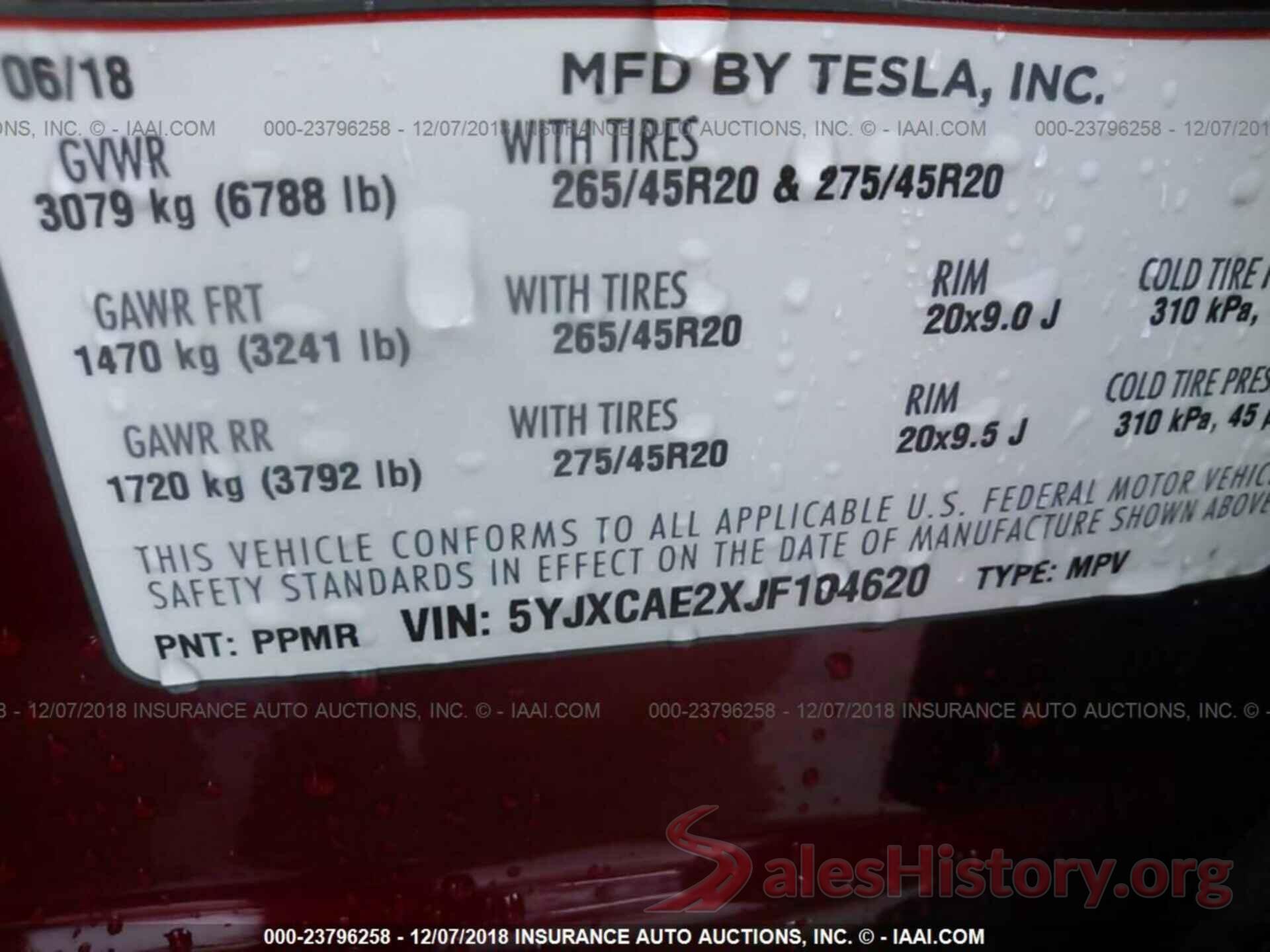 5YJXCAE2XJF104620 2018 TESLA MODEL X