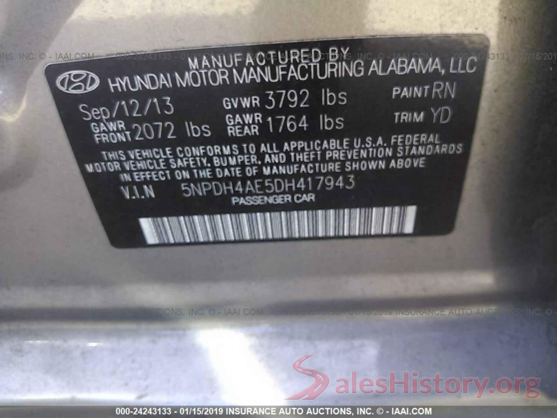 5NPDH4AE5DH417943 2013 HYUNDAI ELANTRA