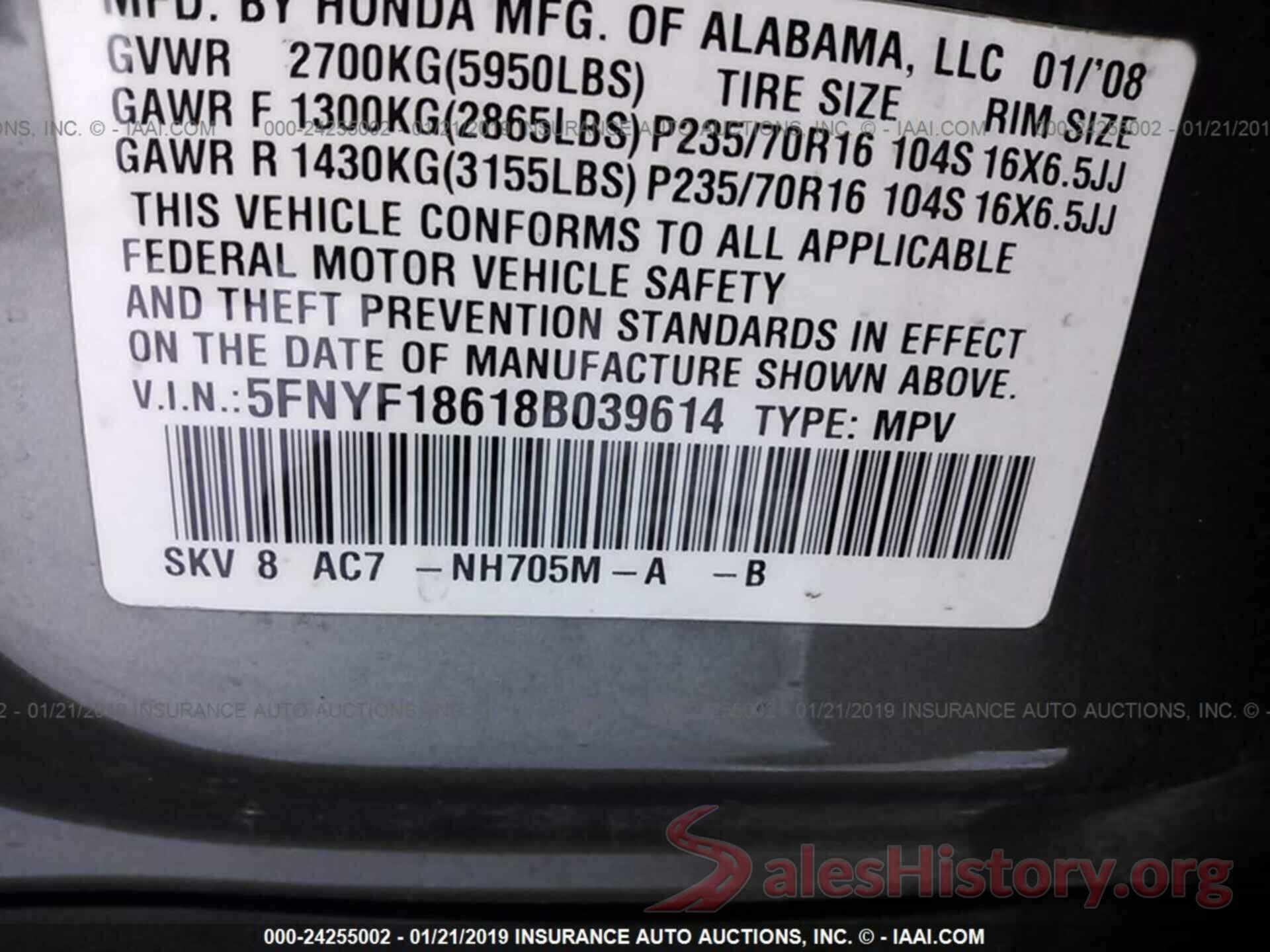 5FNYF18618B039614 2008 HONDA PILOT