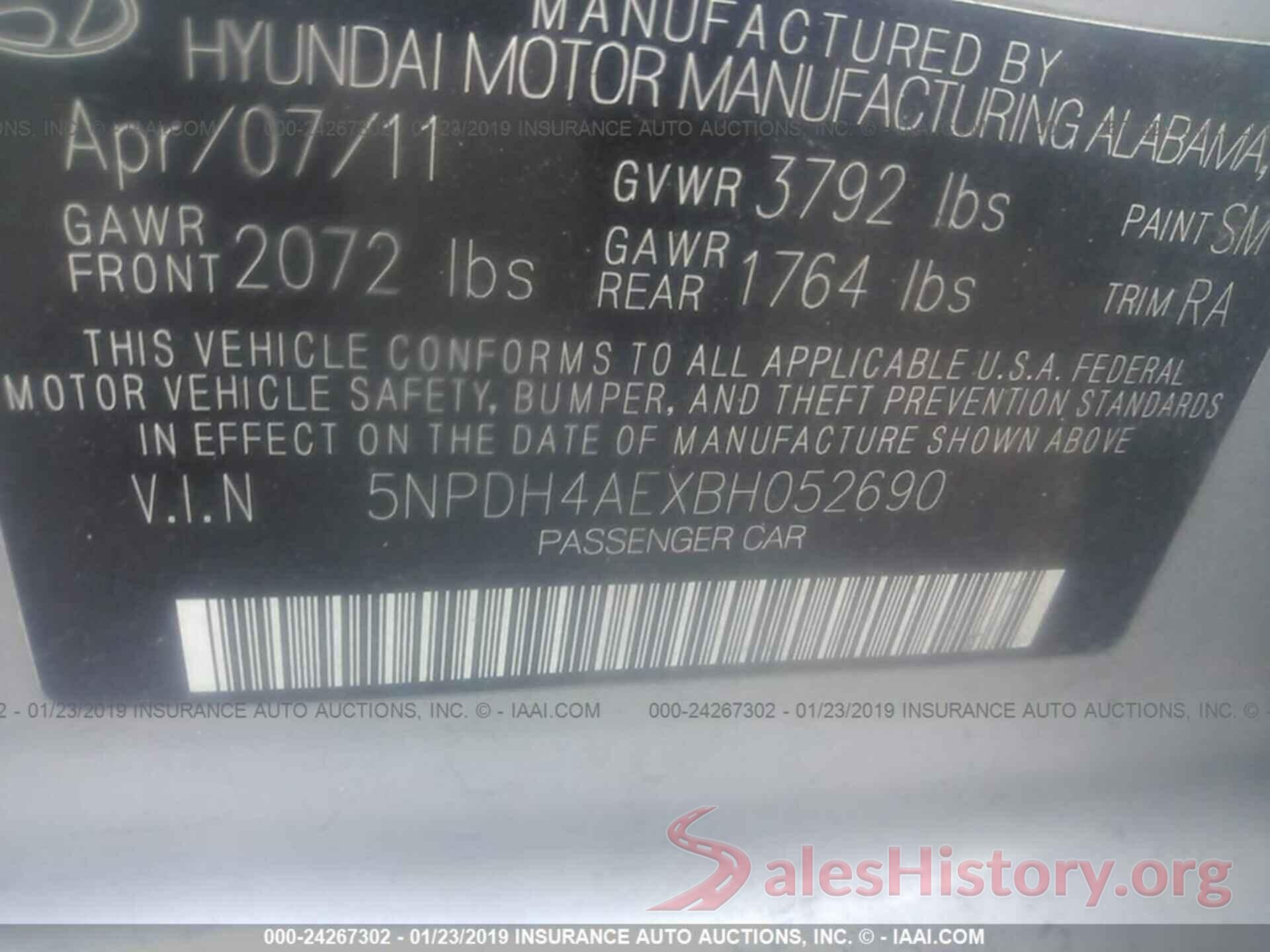 5NPDH4AEXBH052690 2011 HYUNDAI ELANTRA