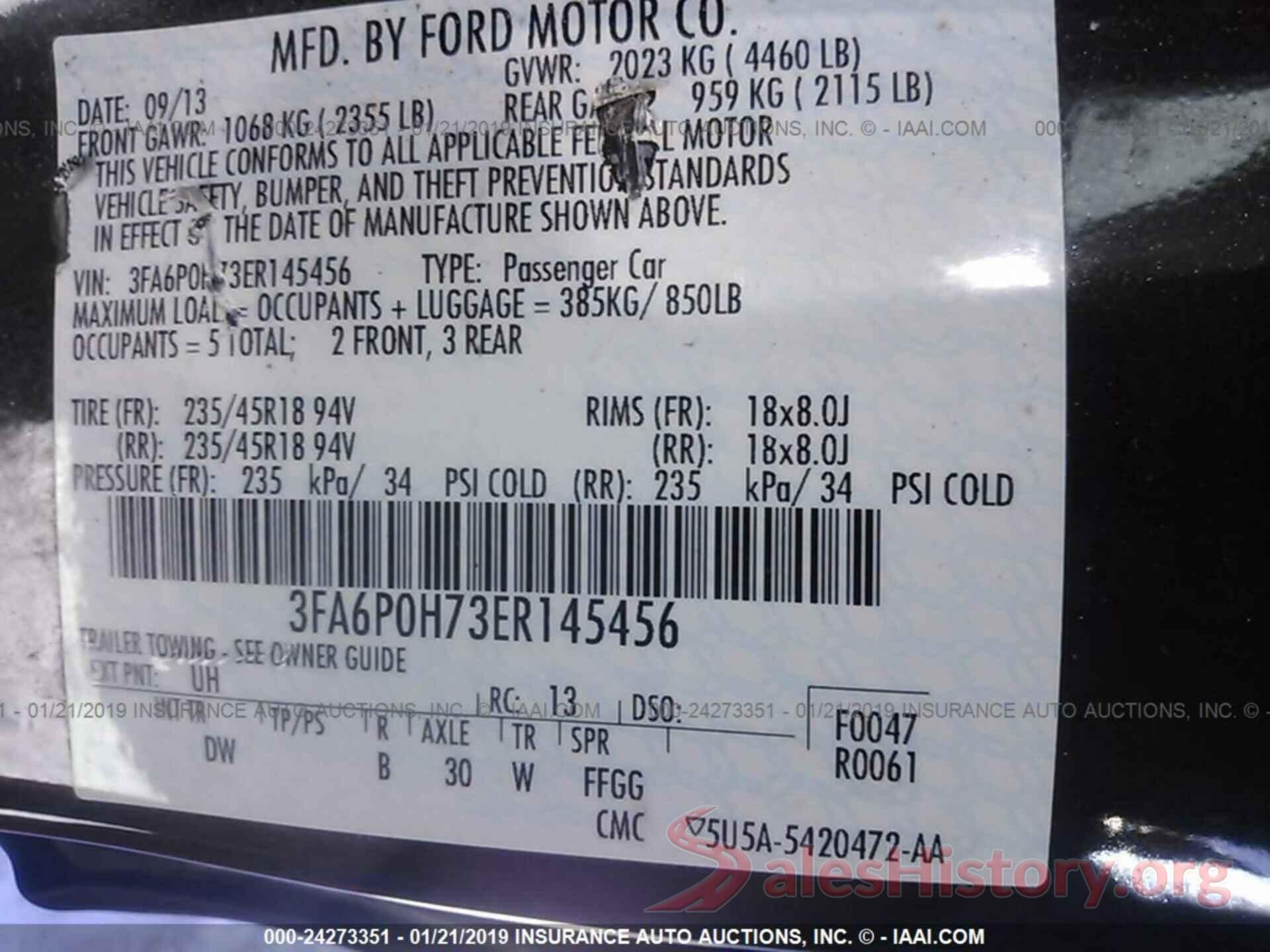 3FA6P0H73ER145456 2014 FORD FUSION