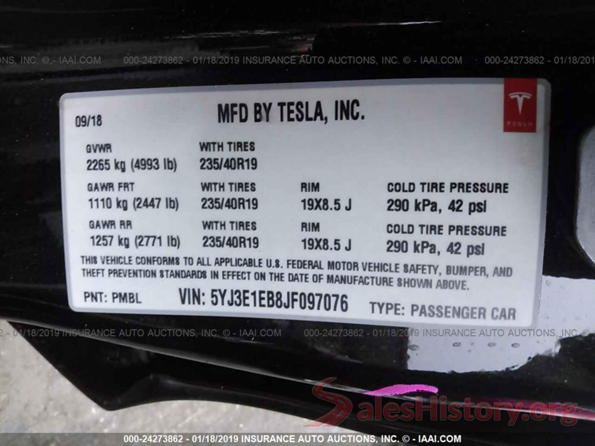 5YJ3E1EB8JF097076 2018 TESLA MODEL 3