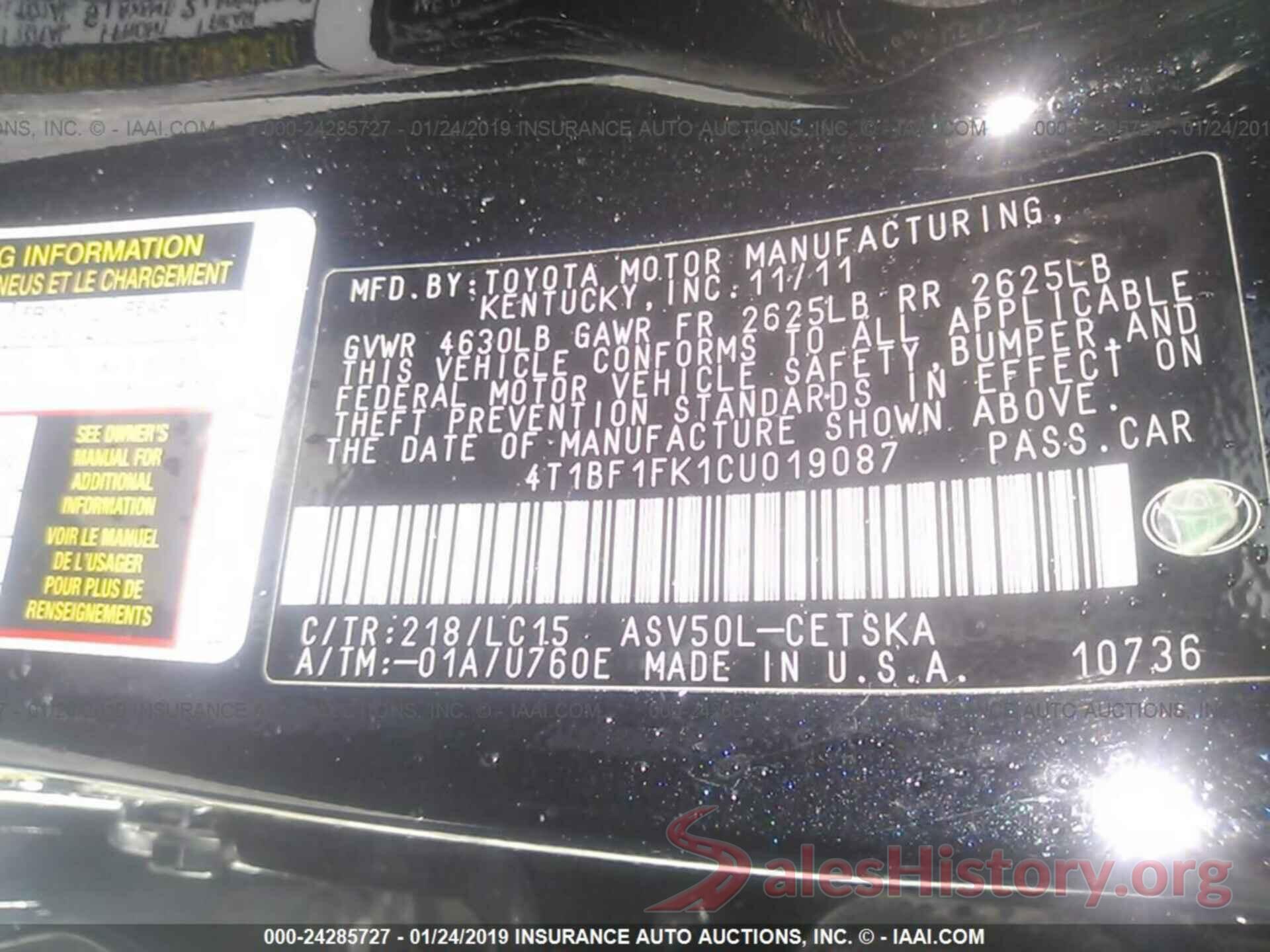 4T1BF1FK1CU019087 2012 TOYOTA CAMRY