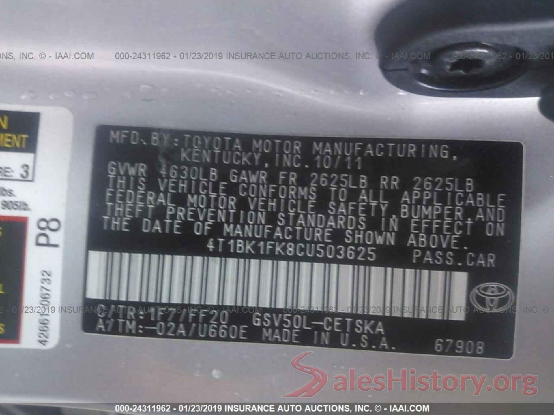 4T1BK1FK8CU503625 2012 TOYOTA CAMRY