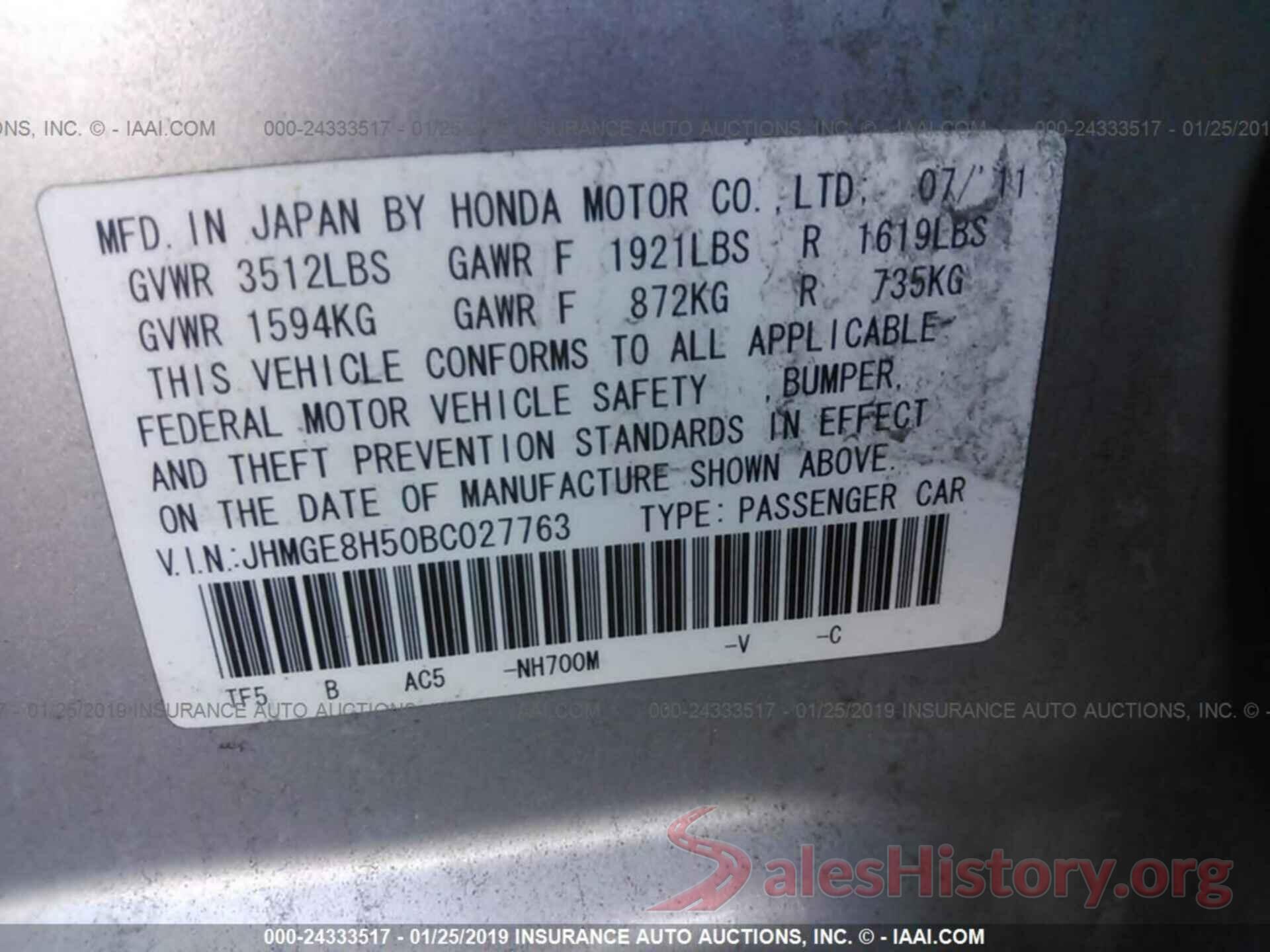 JHMGE8H50BC027763 2011 HONDA FIT