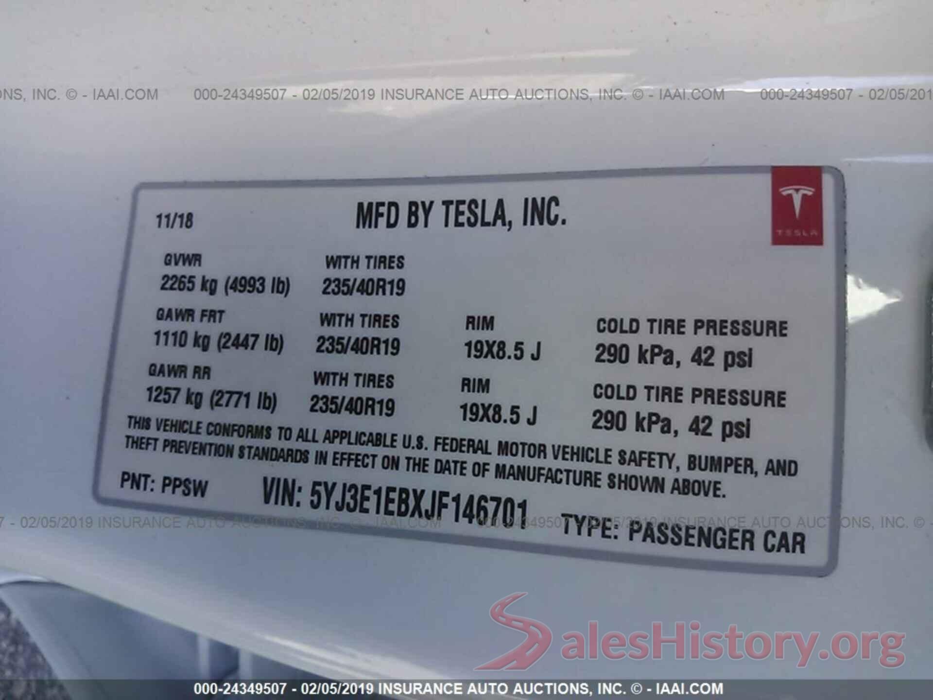 5YJ3E1EBXJF146701 2018 TESLA MODEL 3