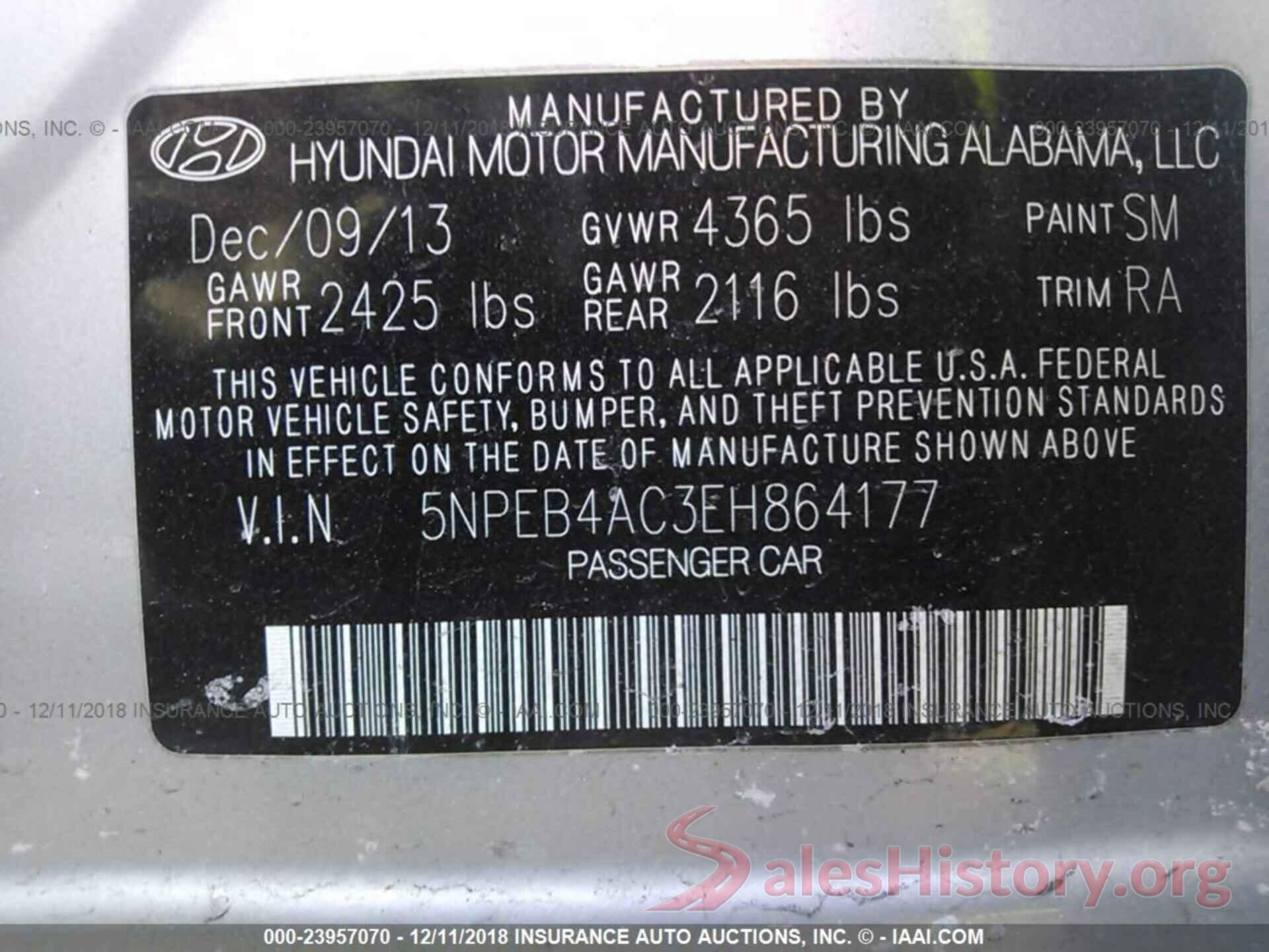 5NPEB4AC3EH864177 2014 HYUNDAI SONATA