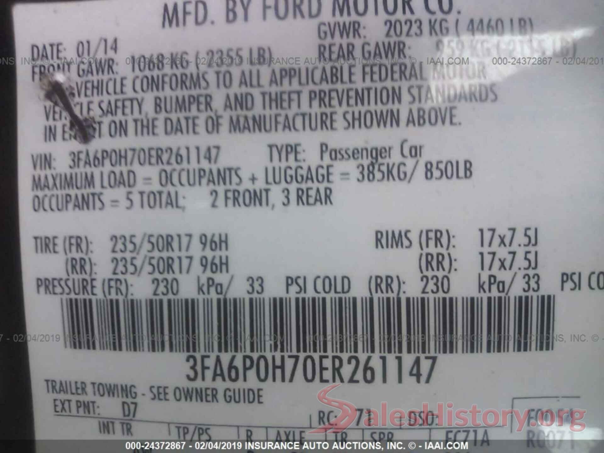 3FA6P0H70ER261147 2014 FORD FUSION