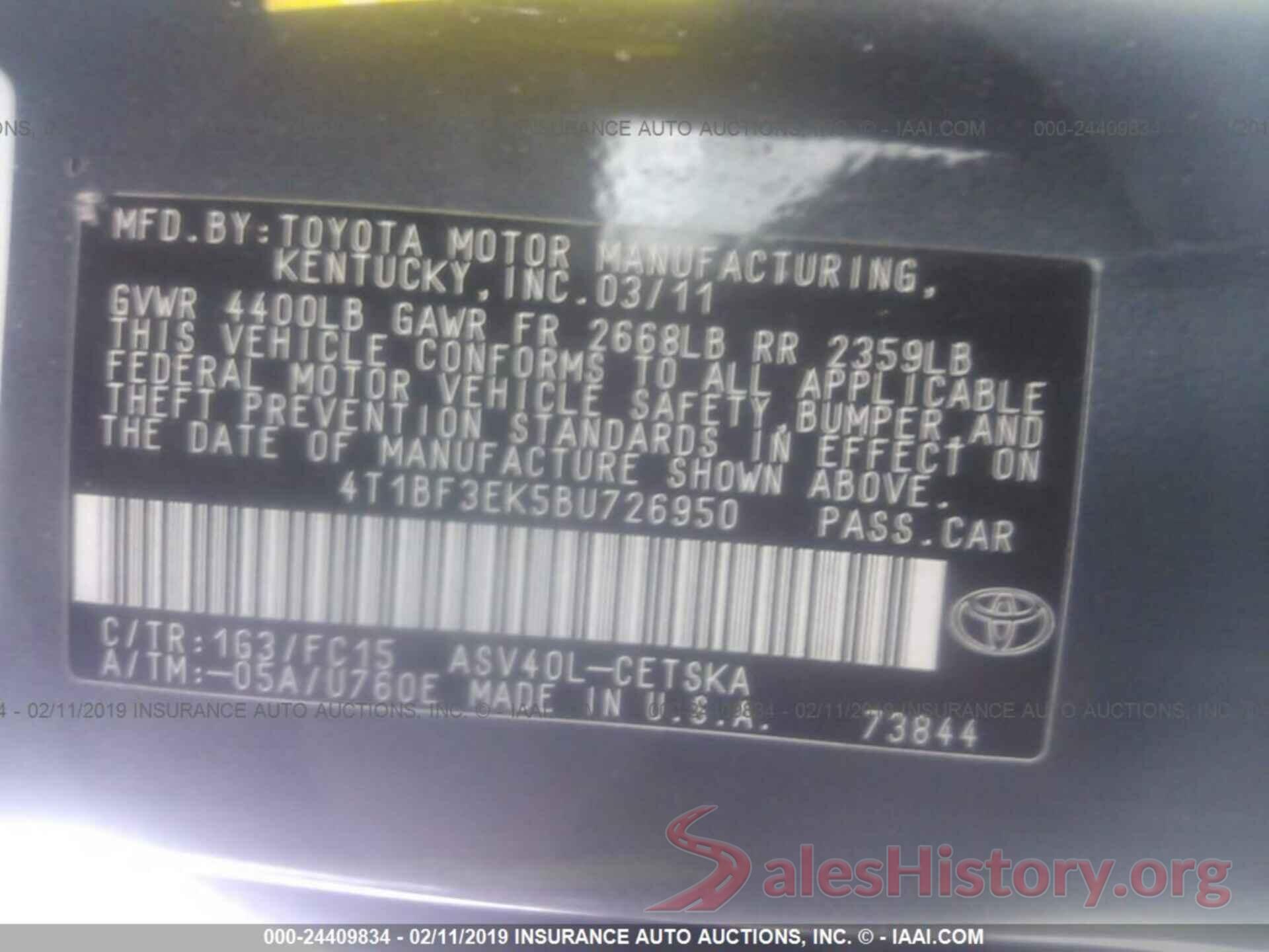 4T1BF3EK5BU726950 2011 TOYOTA CAMRY