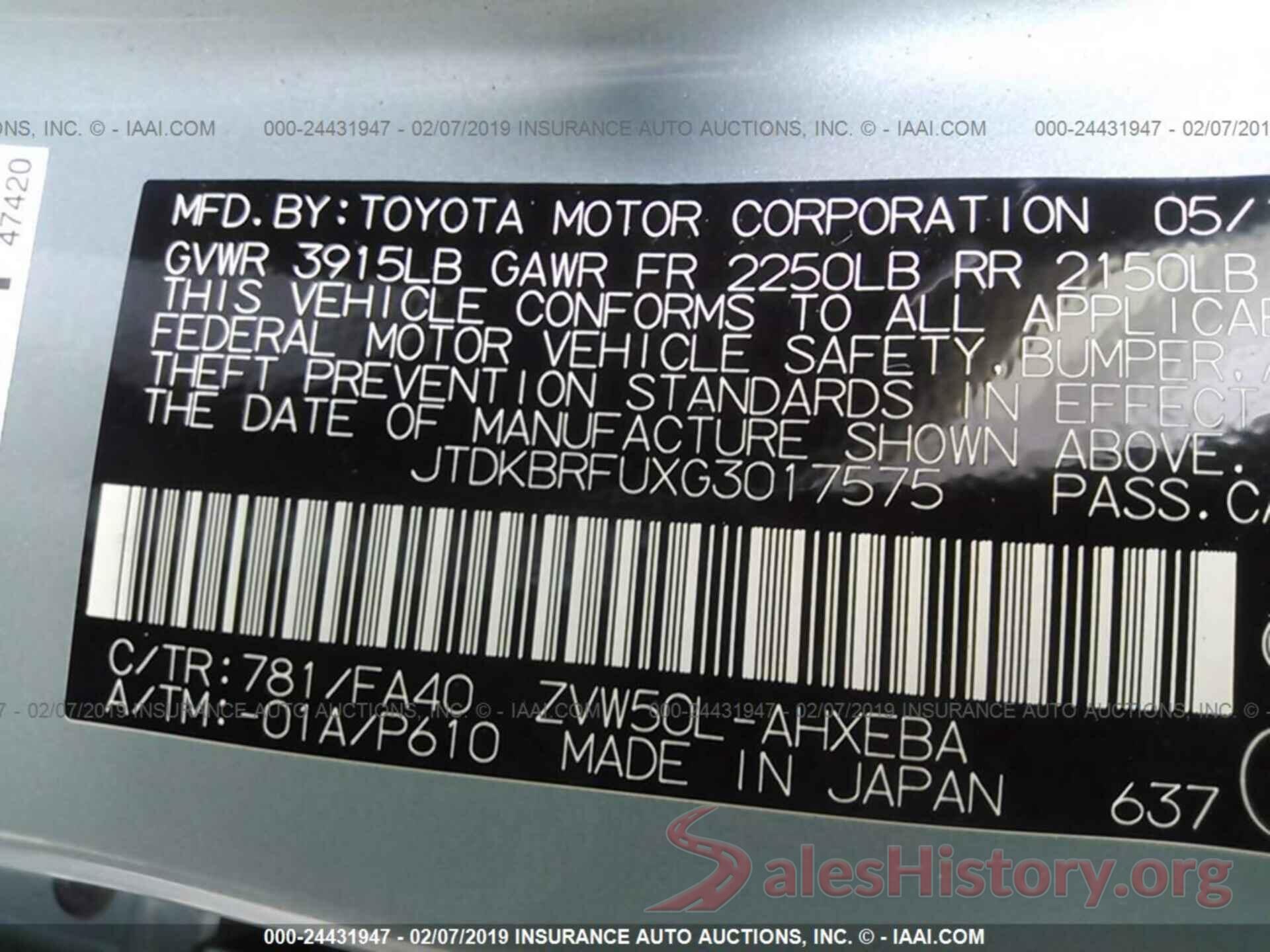 JTDKBRFUXG3017575 2016 TOYOTA PRIUS