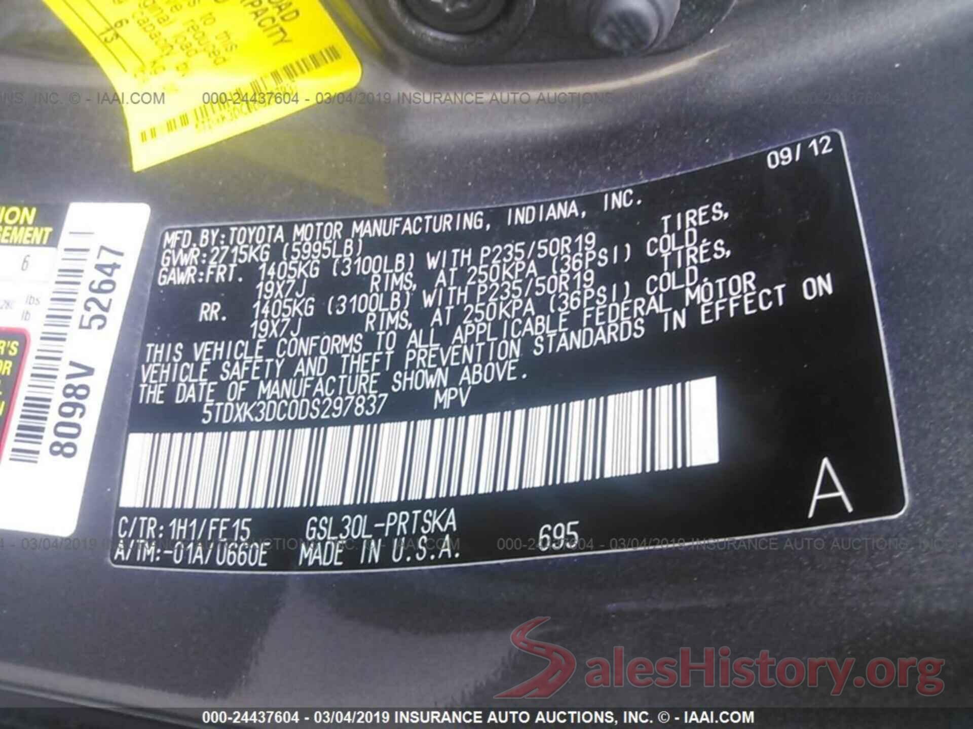 5TDXK3DC0DS297837 2013 TOYOTA SIENNA