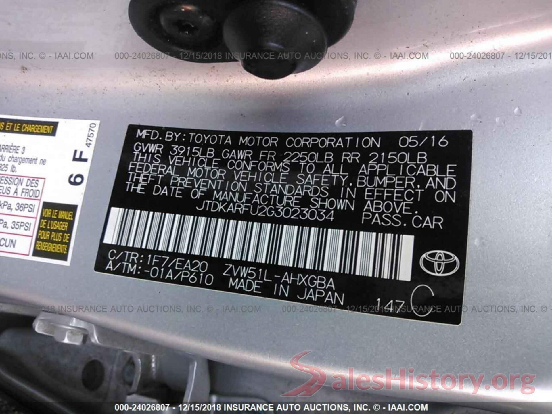 JTDKARFU2G3023034 2016 TOYOTA PRIUS