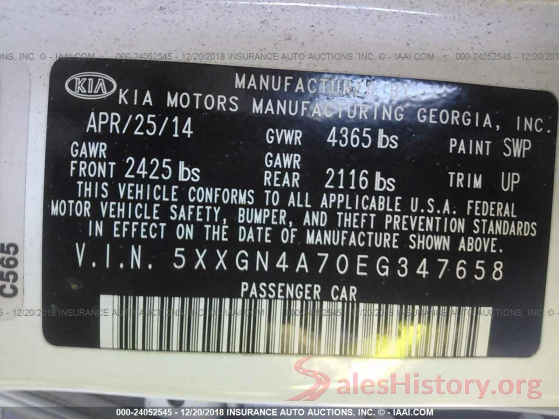 5XXGN4A70EG347658 2014 KIA OPTIMA