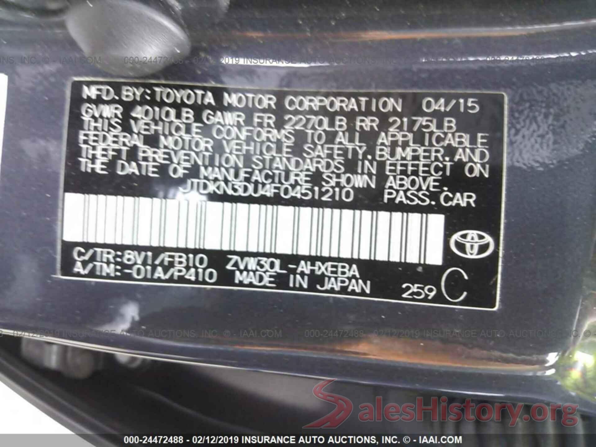 JTDKN3DU4F0451210 2015 TOYOTA PRIUS