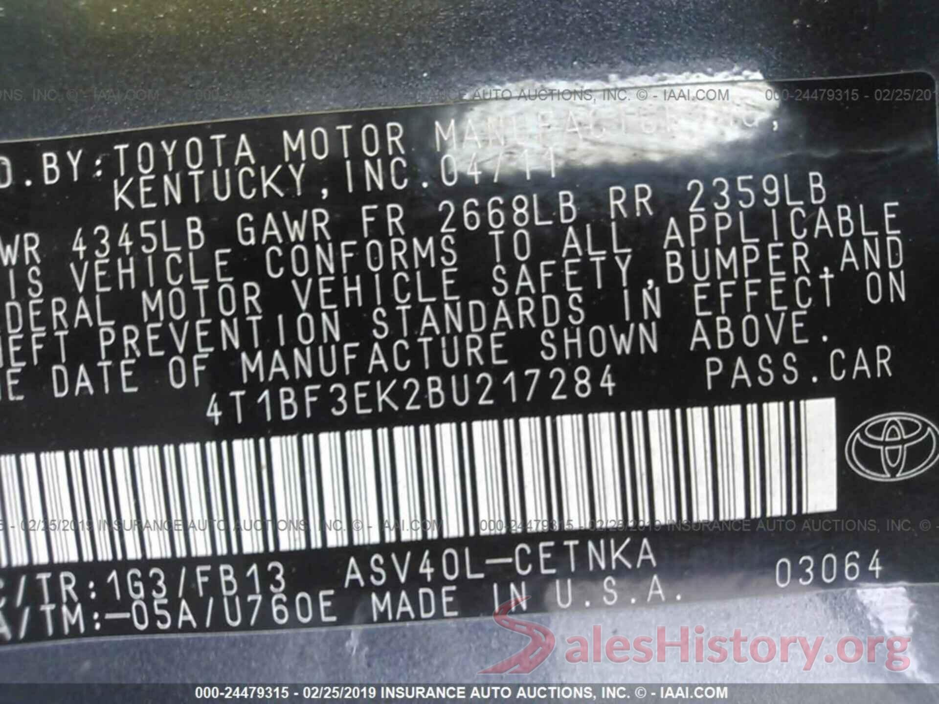 4T1BF3EK2BU217284 2011 TOYOTA CAMRY