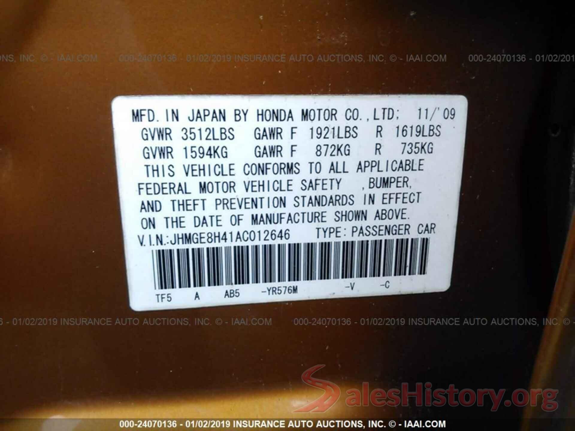 JHMGE8H41AC012646 2010 HONDA FIT