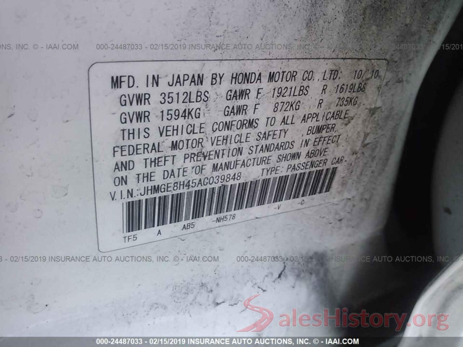 JHMGE8H45AC039848 2010 HONDA FIT