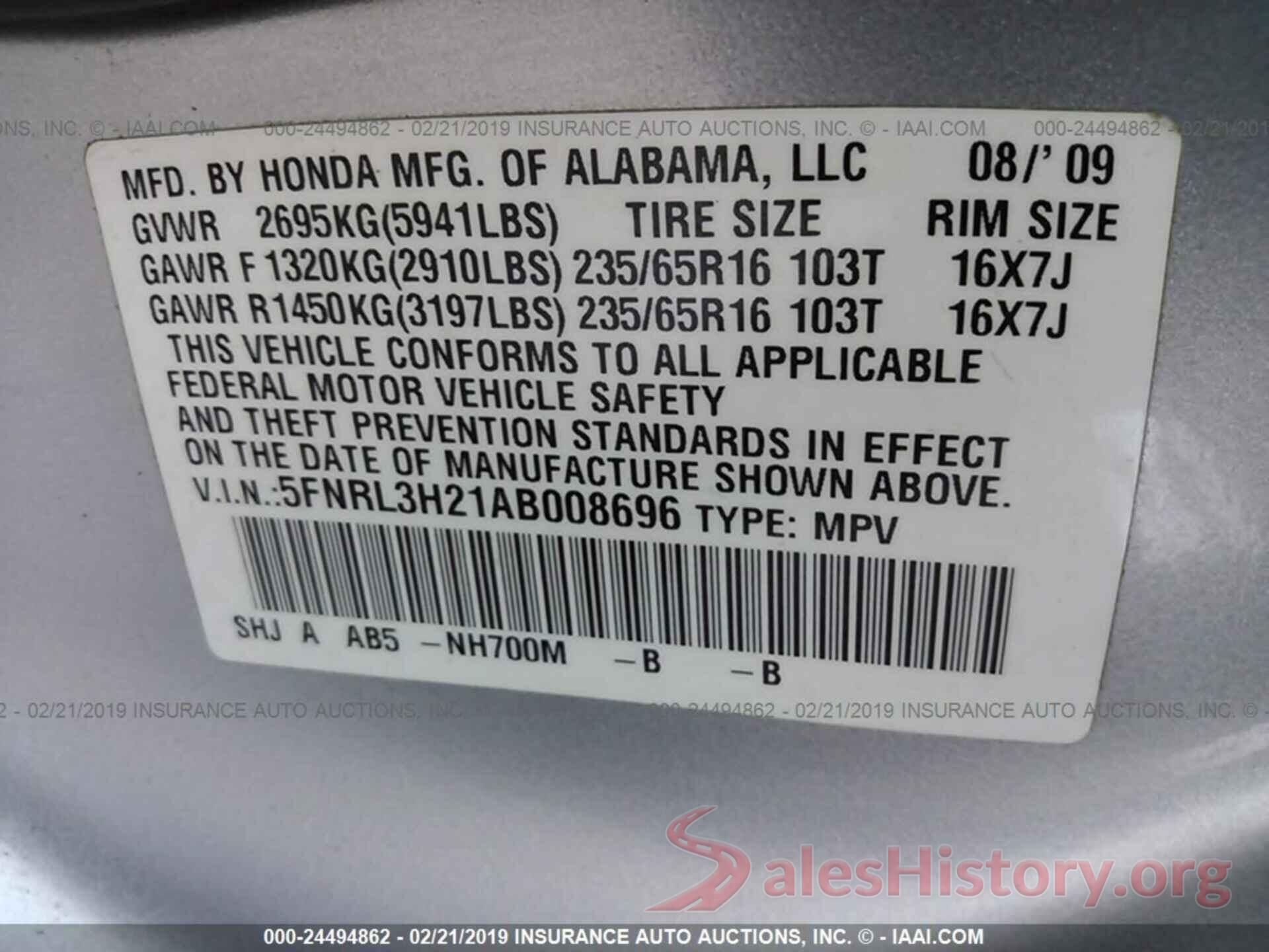 5FNRL3H21AB008696 2010 HONDA ODYSSEY