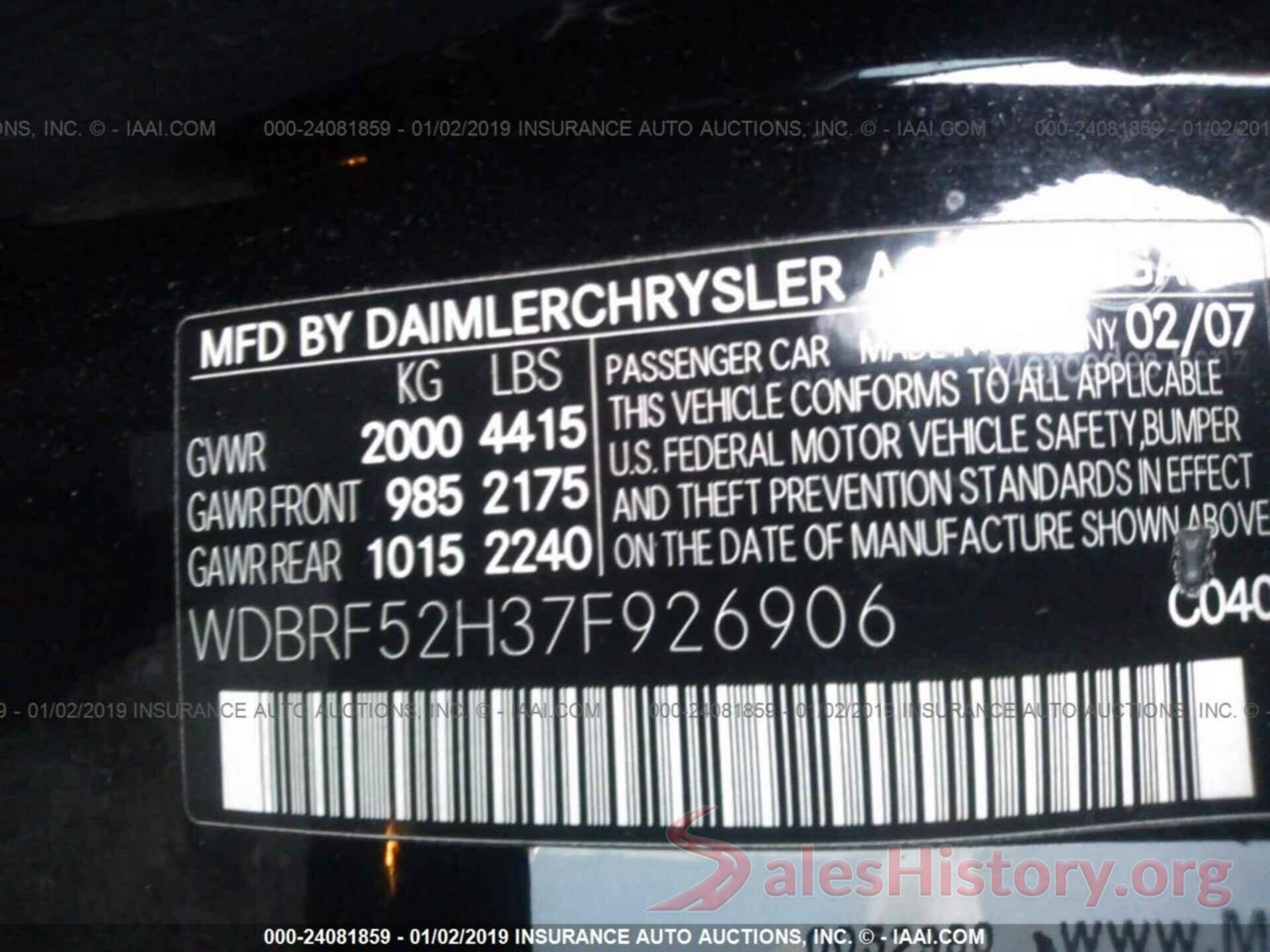 WDBRF52H37F926906 2007 MERCEDES-BENZ C