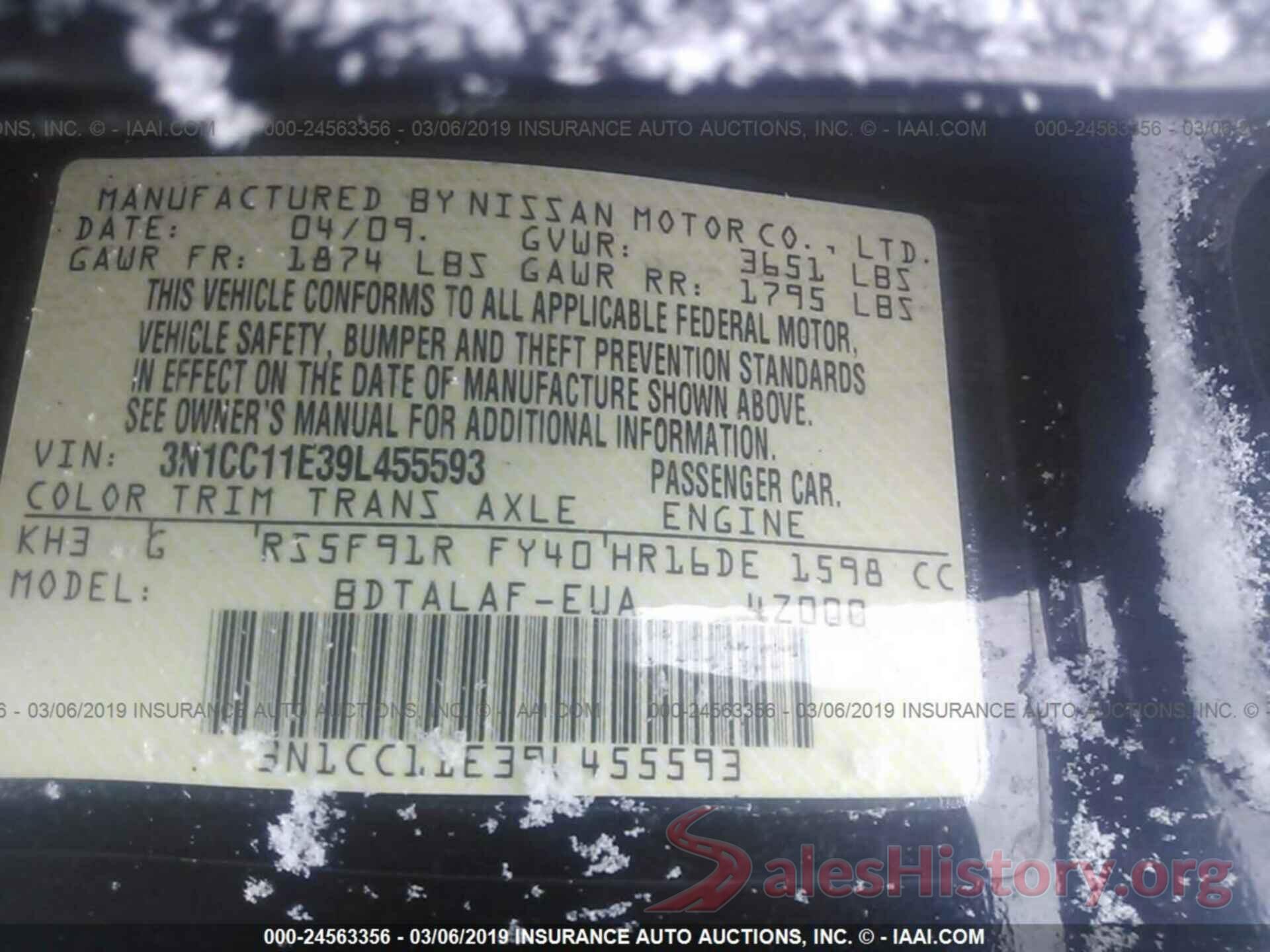 3N1CC11E39L455593 2009 NISSAN VERSA