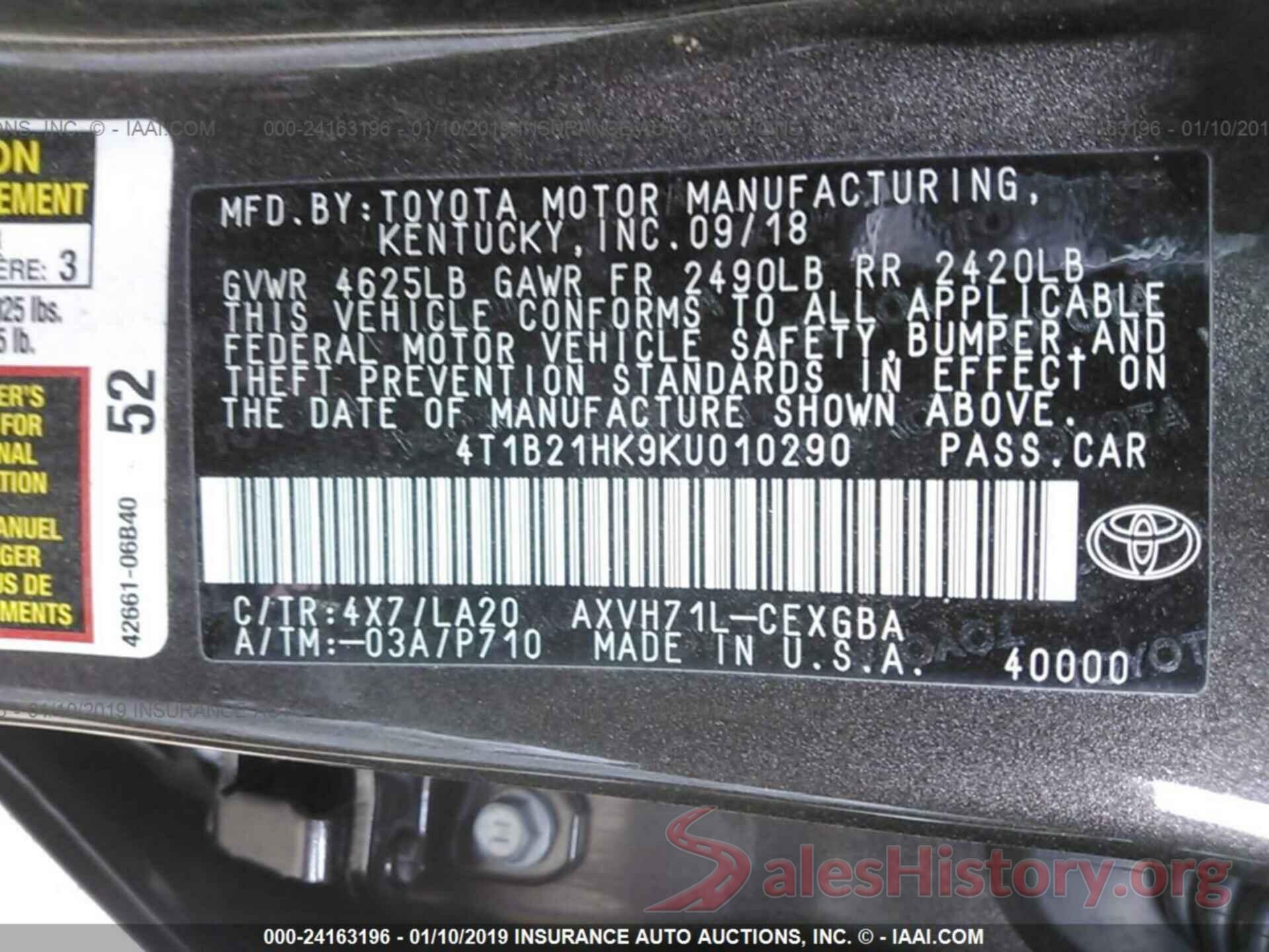 4T1B21HK9KU010290 2019 TOYOTA CAMRY