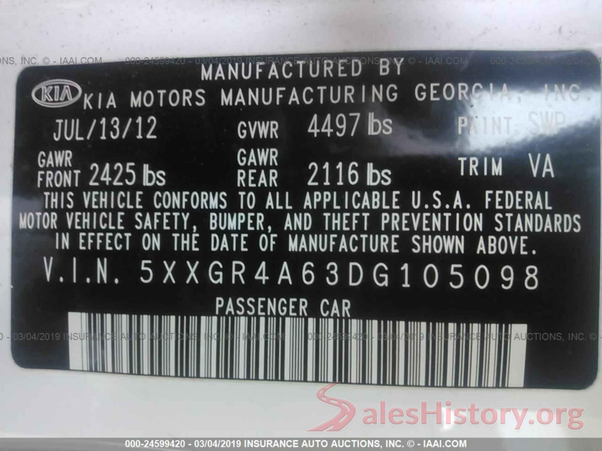 5XXGR4A63DG105098 2013 KIA OPTIMA