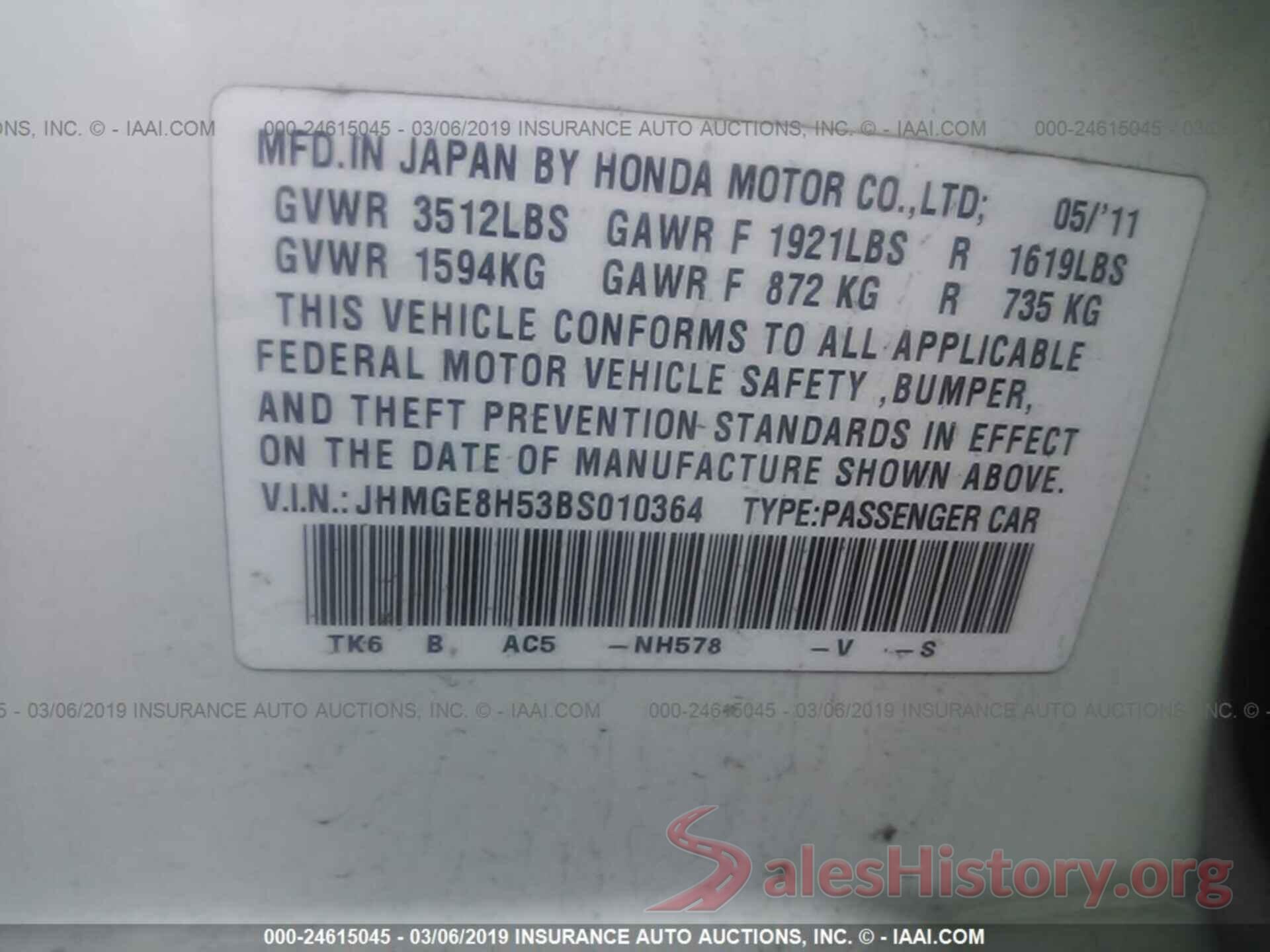 JHMGE8H53BS010364 2011 HONDA FIT