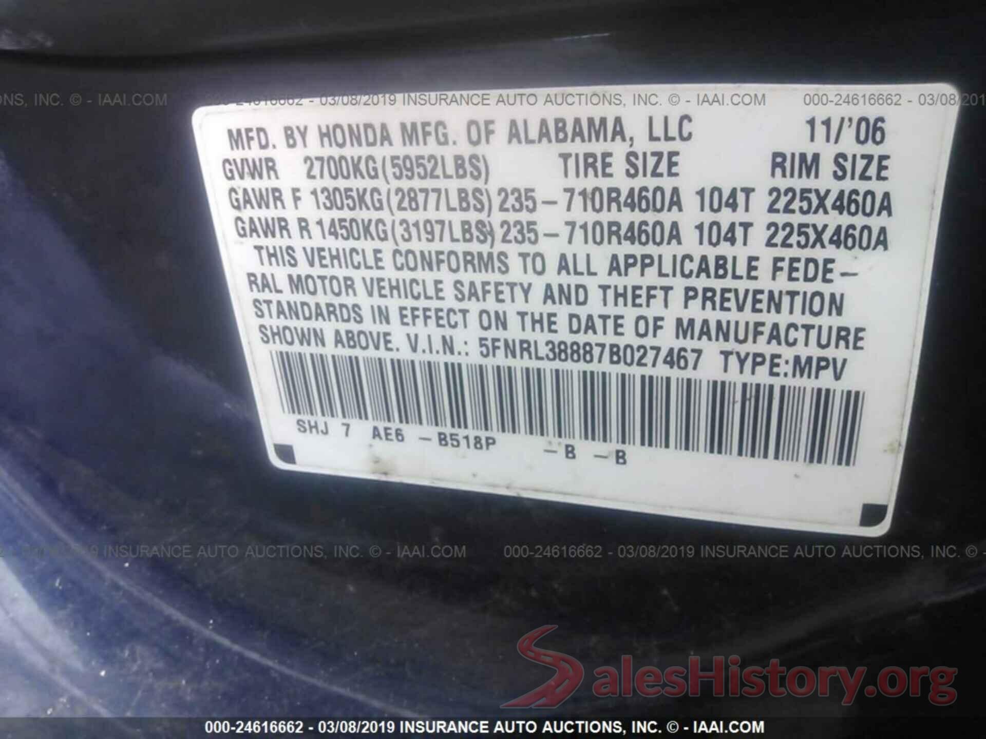 5FNRL38887B027467 2007 HONDA ODYSSEY