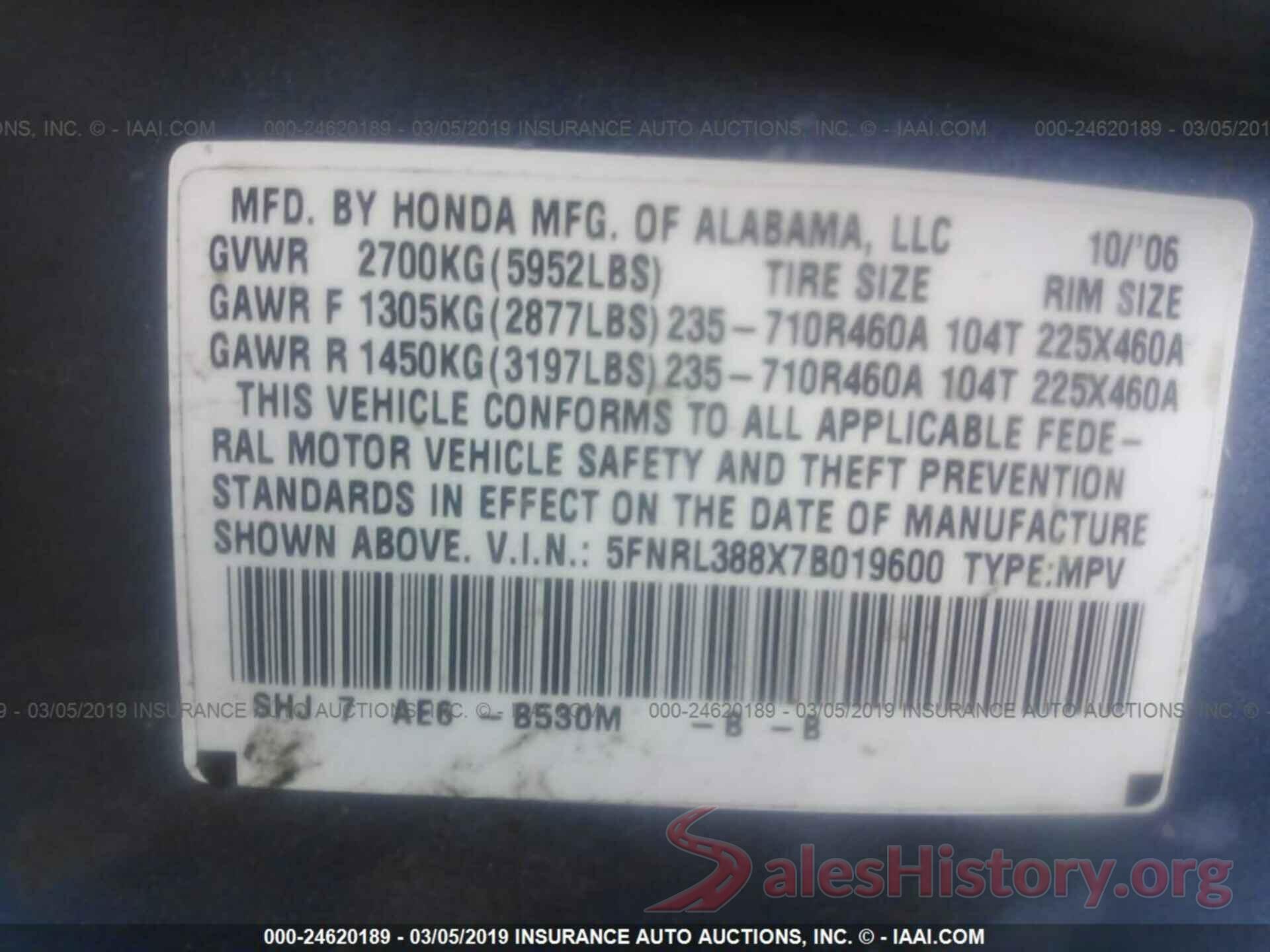 5FNRL388X7B019600 2007 HONDA ODYSSEY