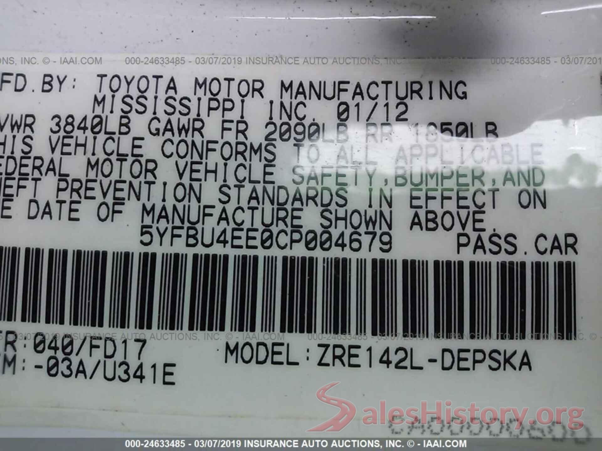 5YFBU4EE0CP004679 2012 TOYOTA COROLLA