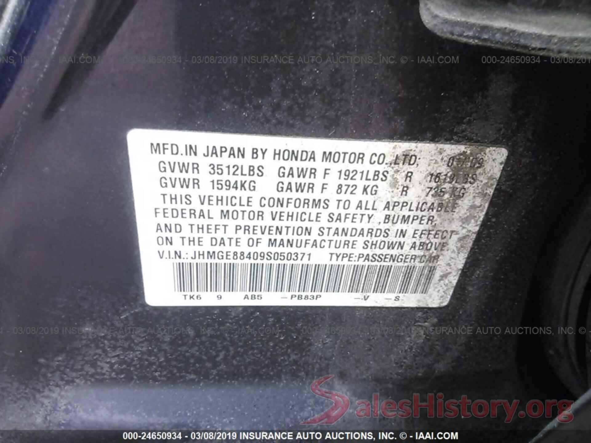 JHMGE88409S050371 2009 HONDA FIT