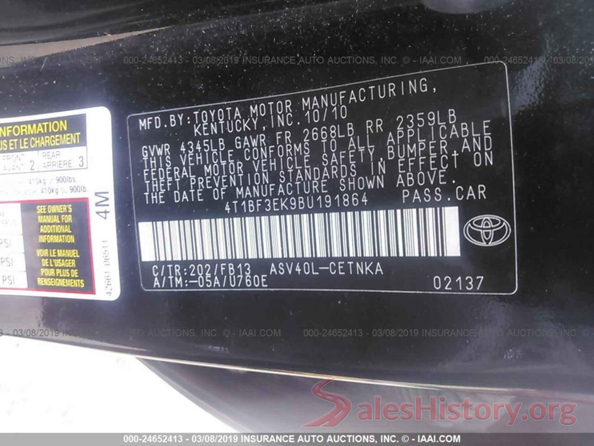 4T1BF3EK9BU191864 2011 TOYOTA CAMRY