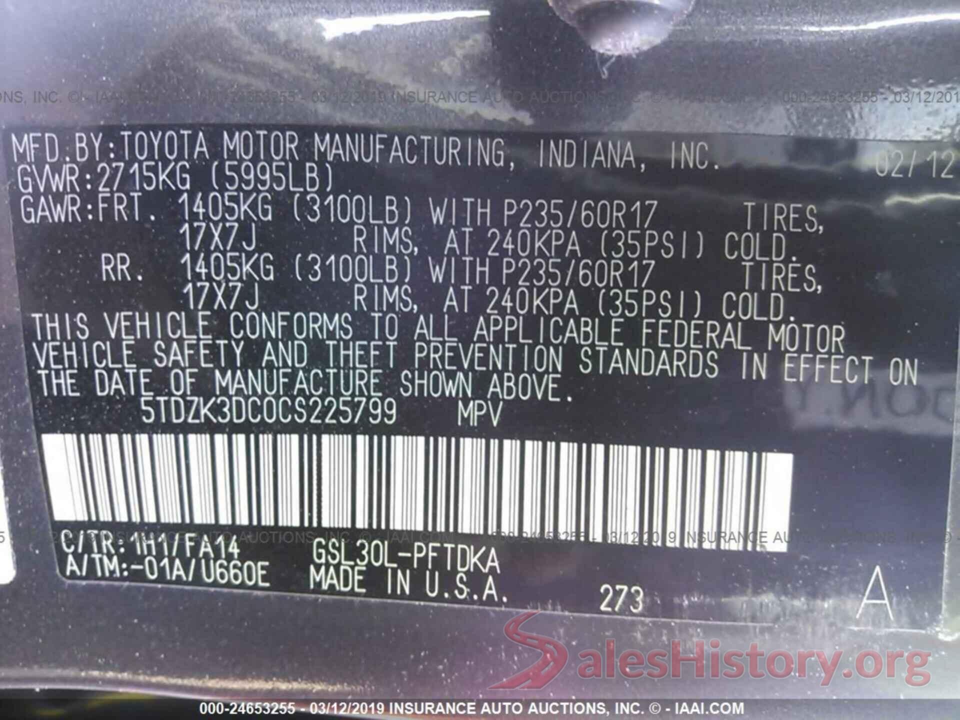 5TDZK3DC0CS225799 2012 TOYOTA SIENNA