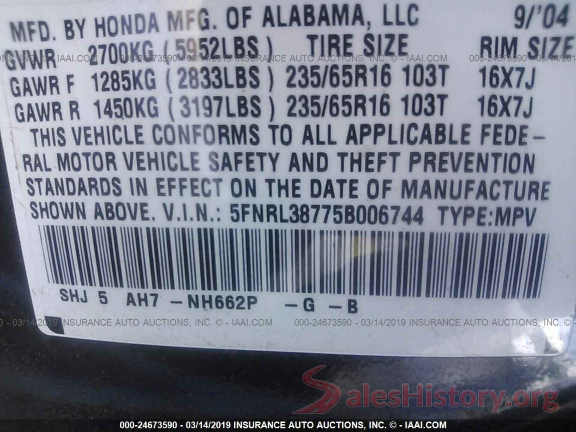 5FNRL38775B006744 2005 HONDA ODYSSEY