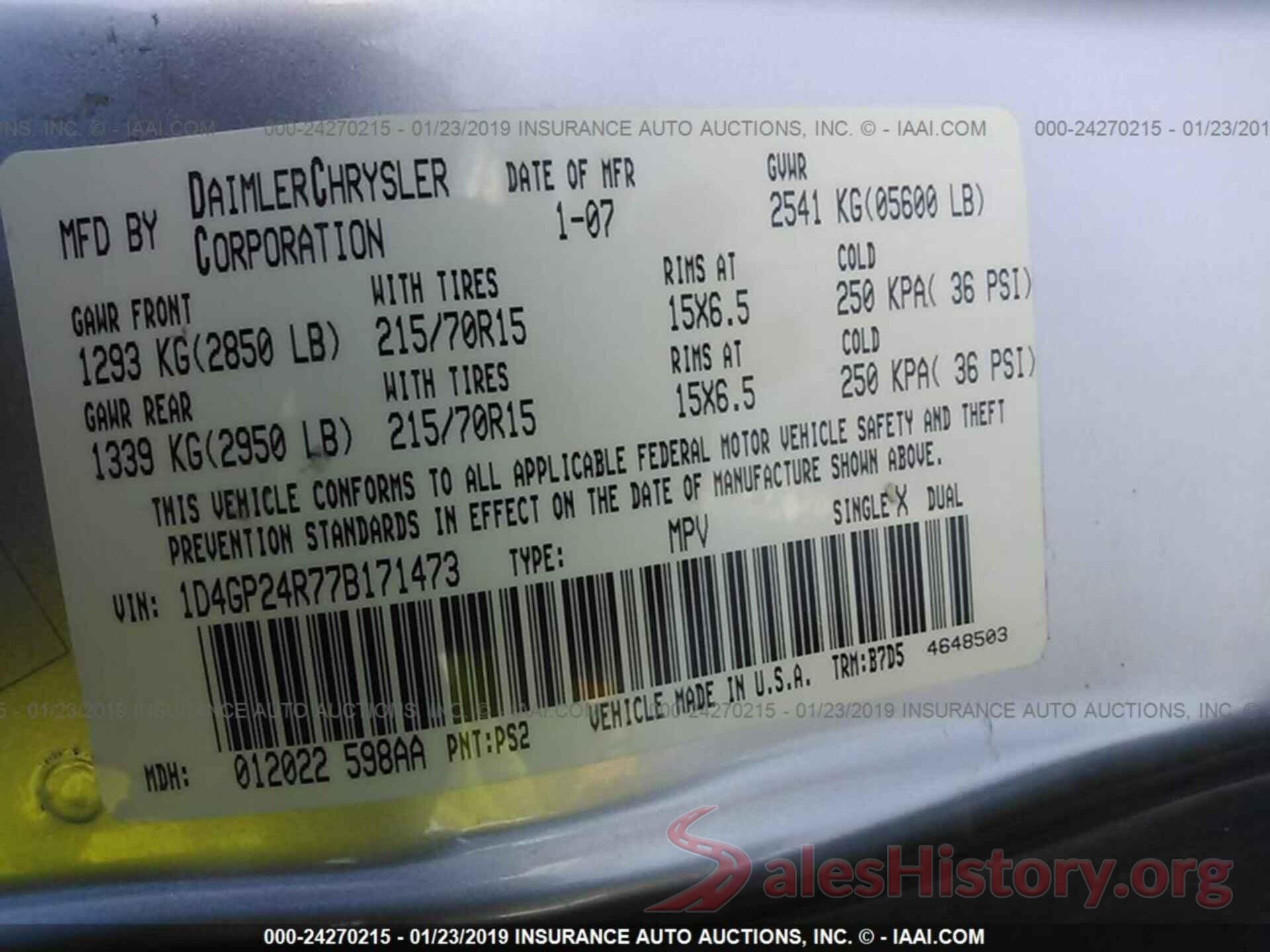 1D4GP24R77B171473 2007 DODGE GRAND CARAVAN