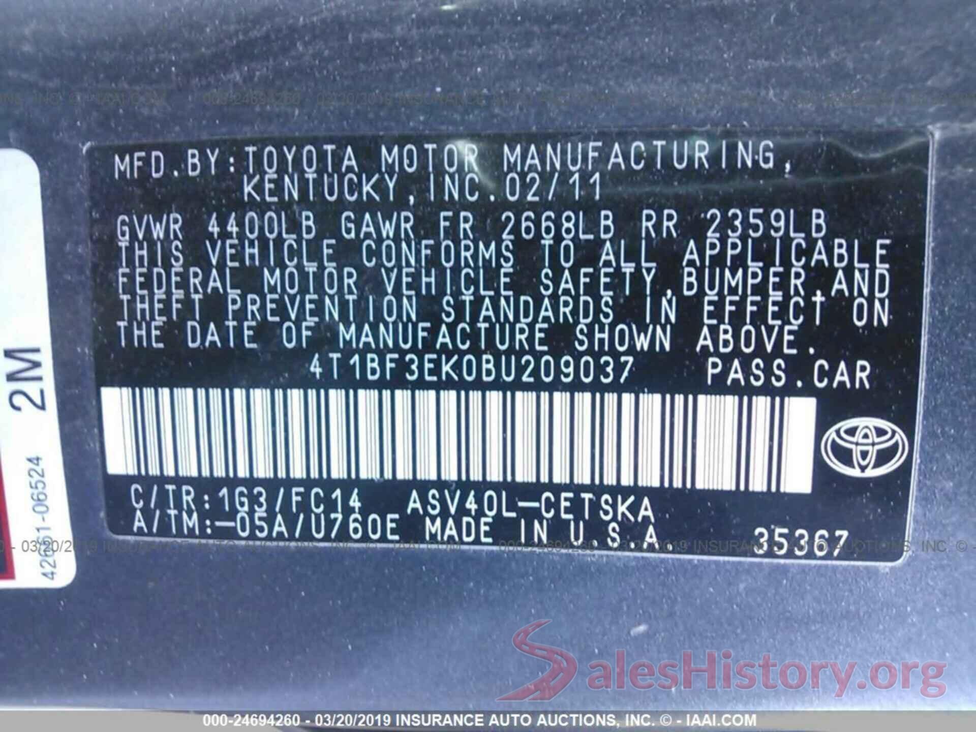 4T1BF3EK0BU209037 2011 TOYOTA CAMRY