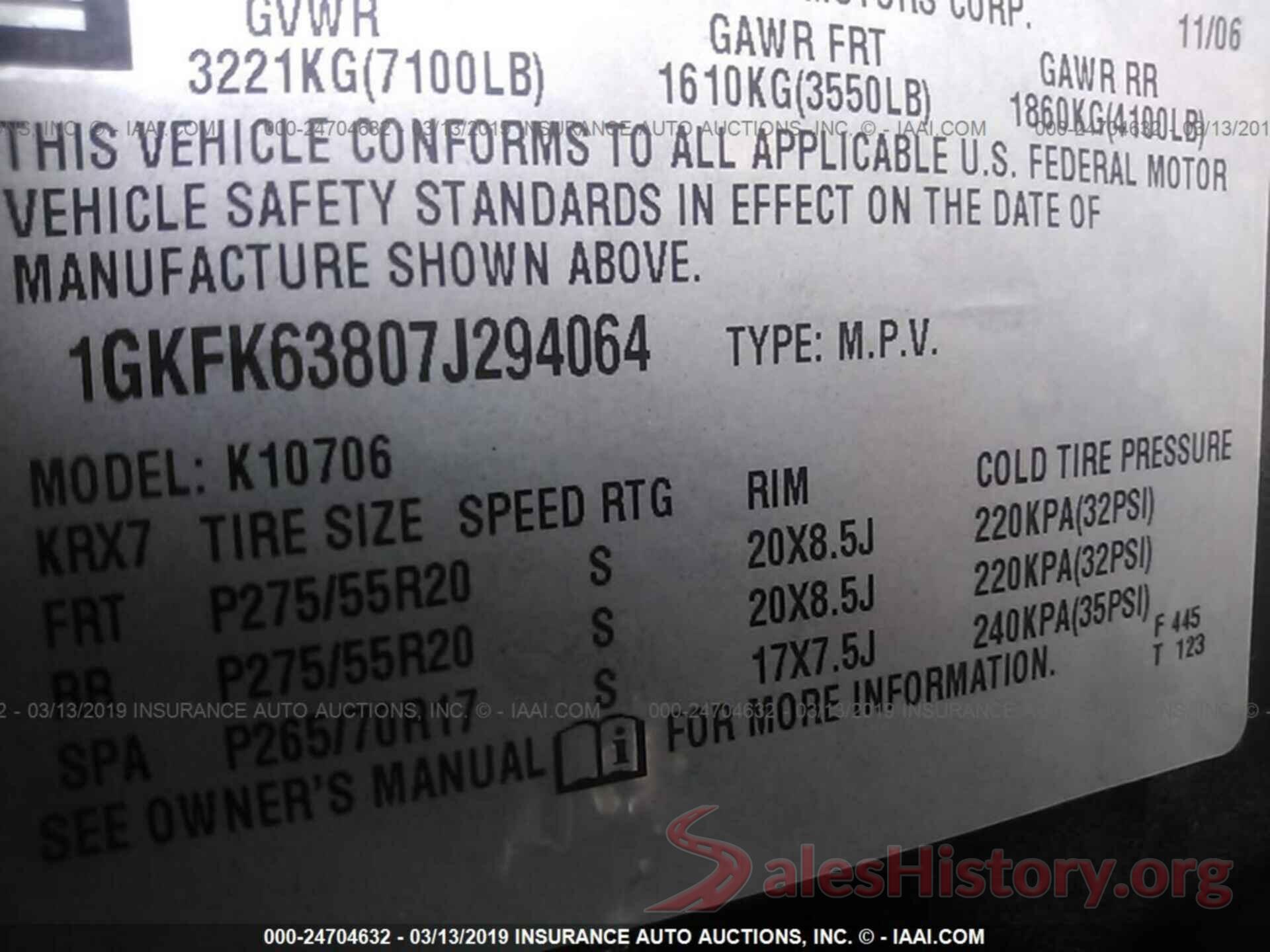 1GKFK63807J294064 2007 GMC YUKON