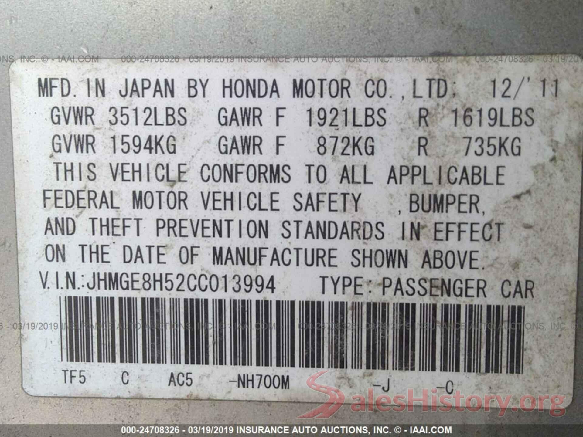 JHMGE8H52CC013994 2012 HONDA FIT