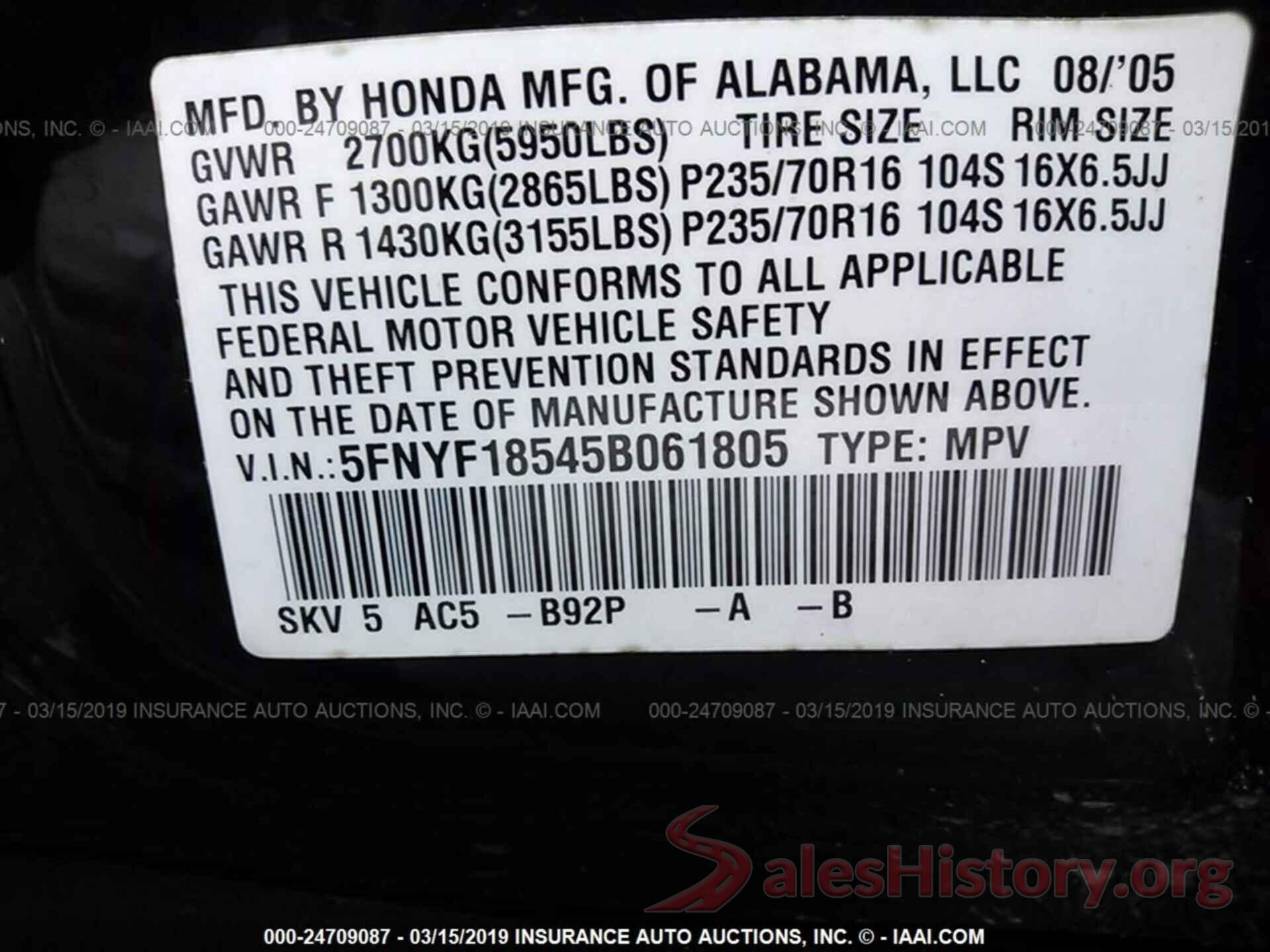 5FNYF18545B061805 2005 HONDA PILOT