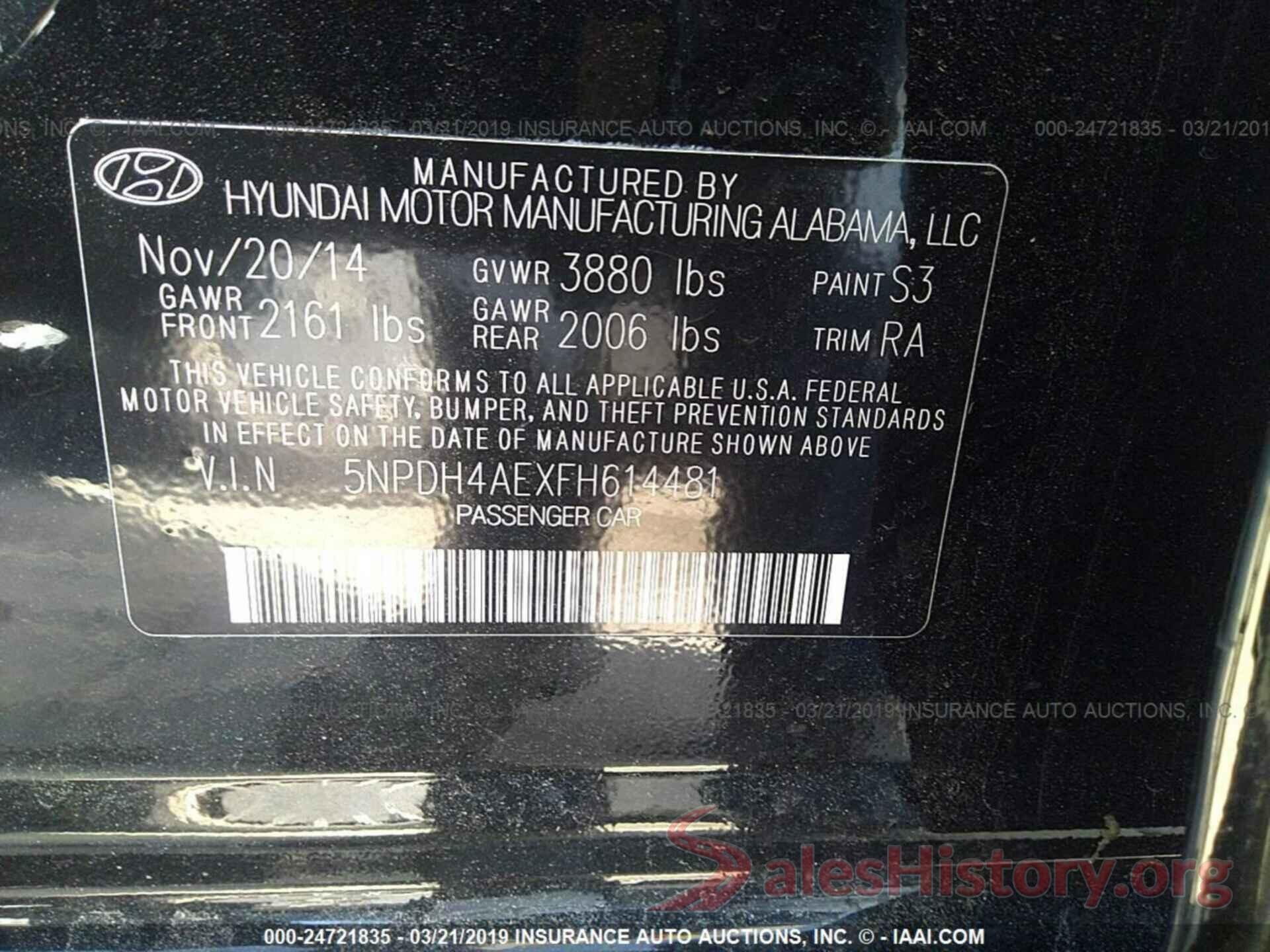 5NPDH4AEXFH614481 2015 HYUNDAI ELANTRA