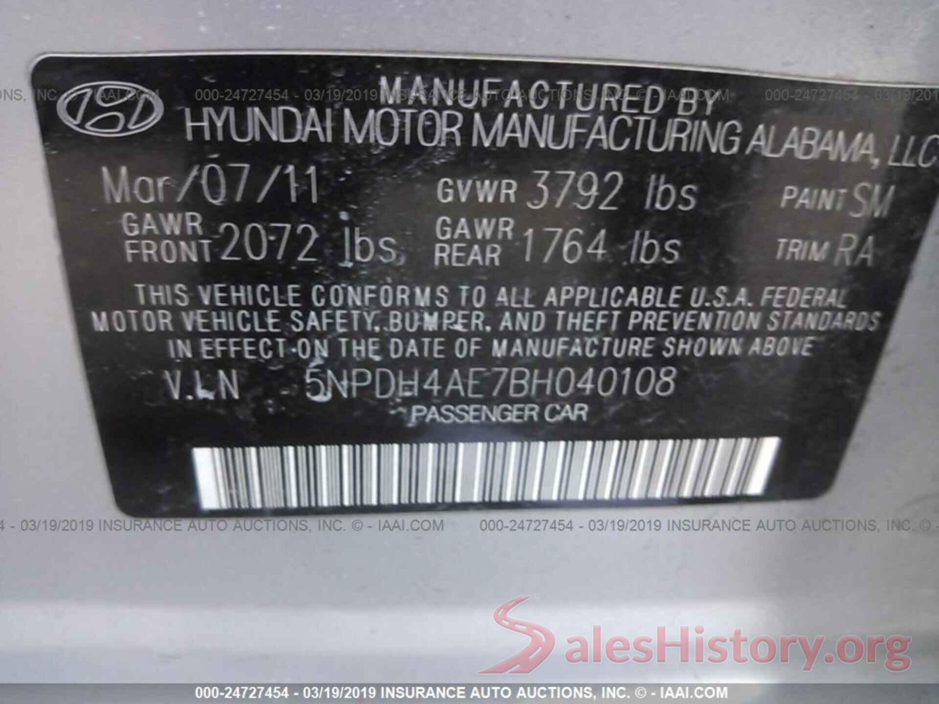 5NPDH4AE7BH040108 2011 HYUNDAI ELANTRA