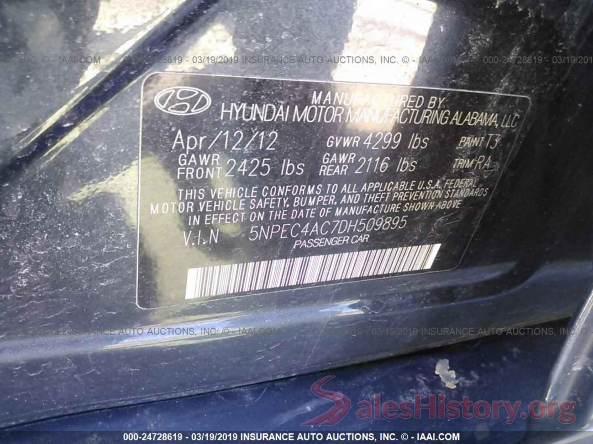 5NPEC4AC7DH509895 2013 HYUNDAI SONATA