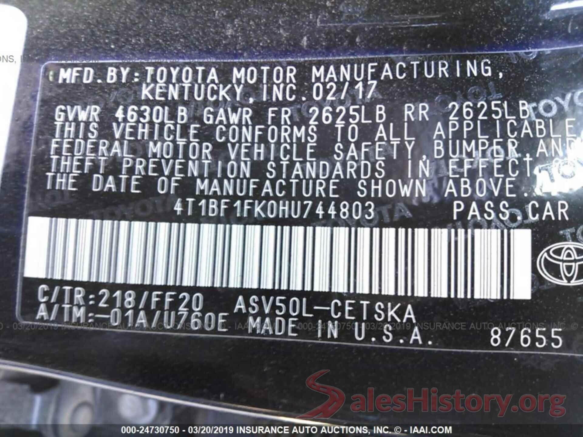 4T1BF1FK0HU744803 2017 TOYOTA CAMRY