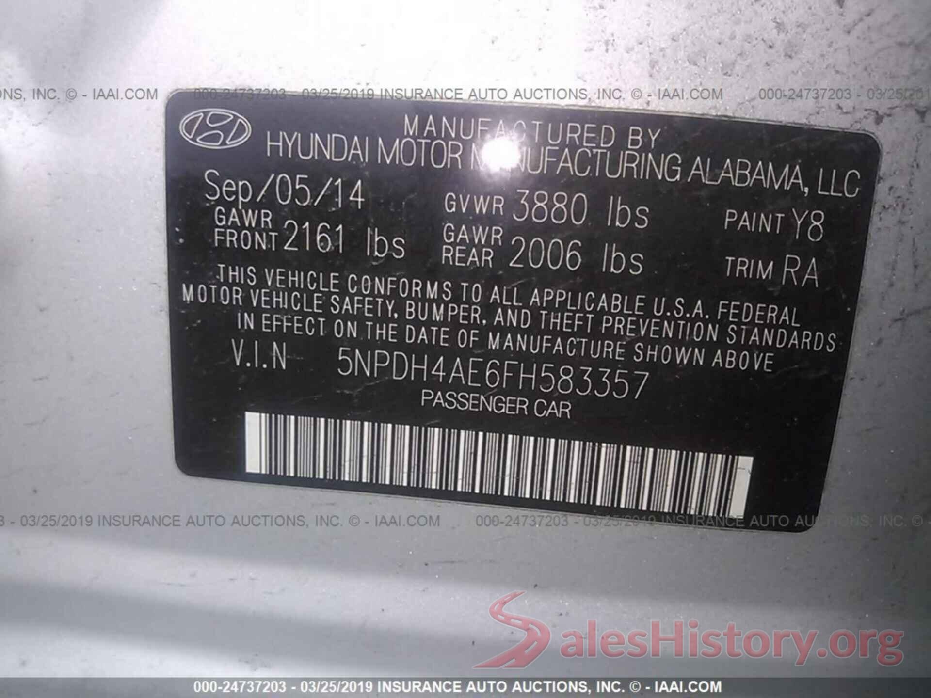 5NPDH4AE6FH583357 2015 HYUNDAI ELANTRA