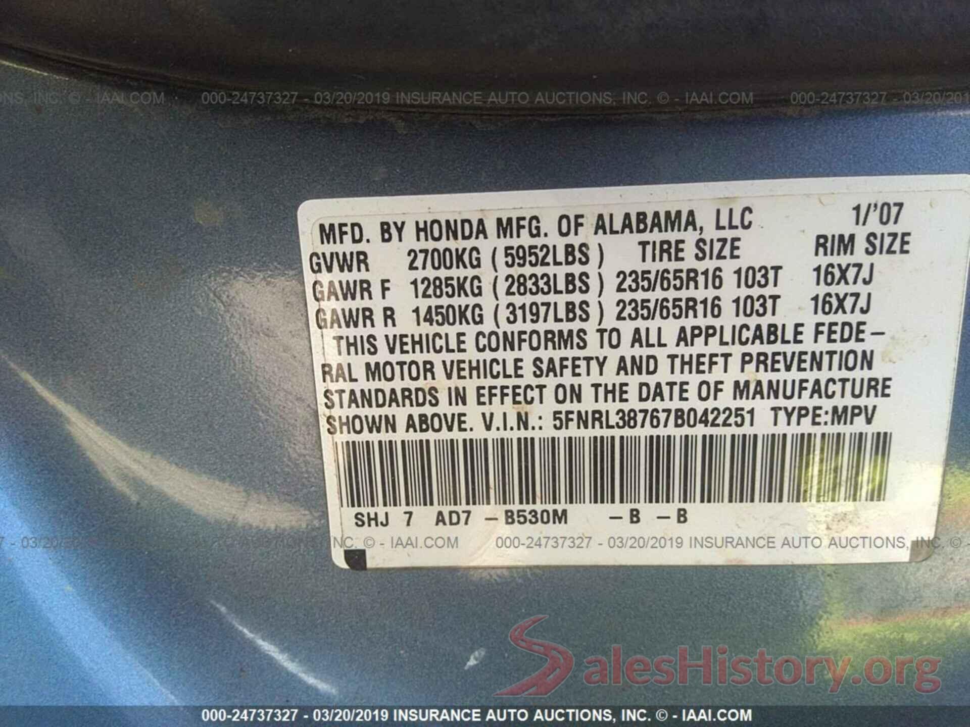 5FNRL38767B042251 2007 HONDA ODYSSEY