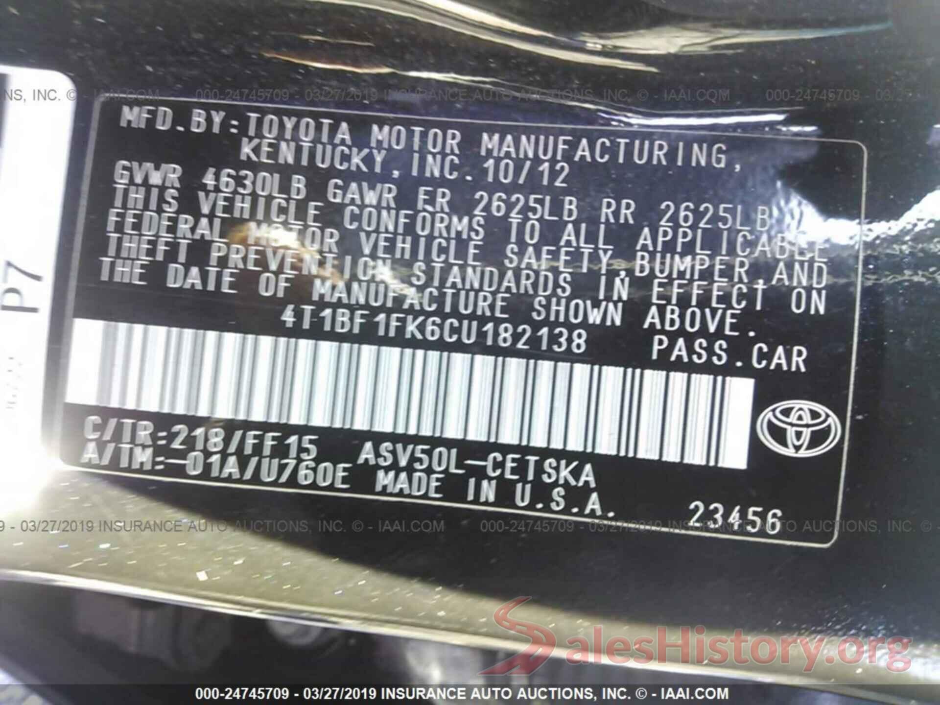 4T1BF1FK6CU182138 2012 TOYOTA CAMRY