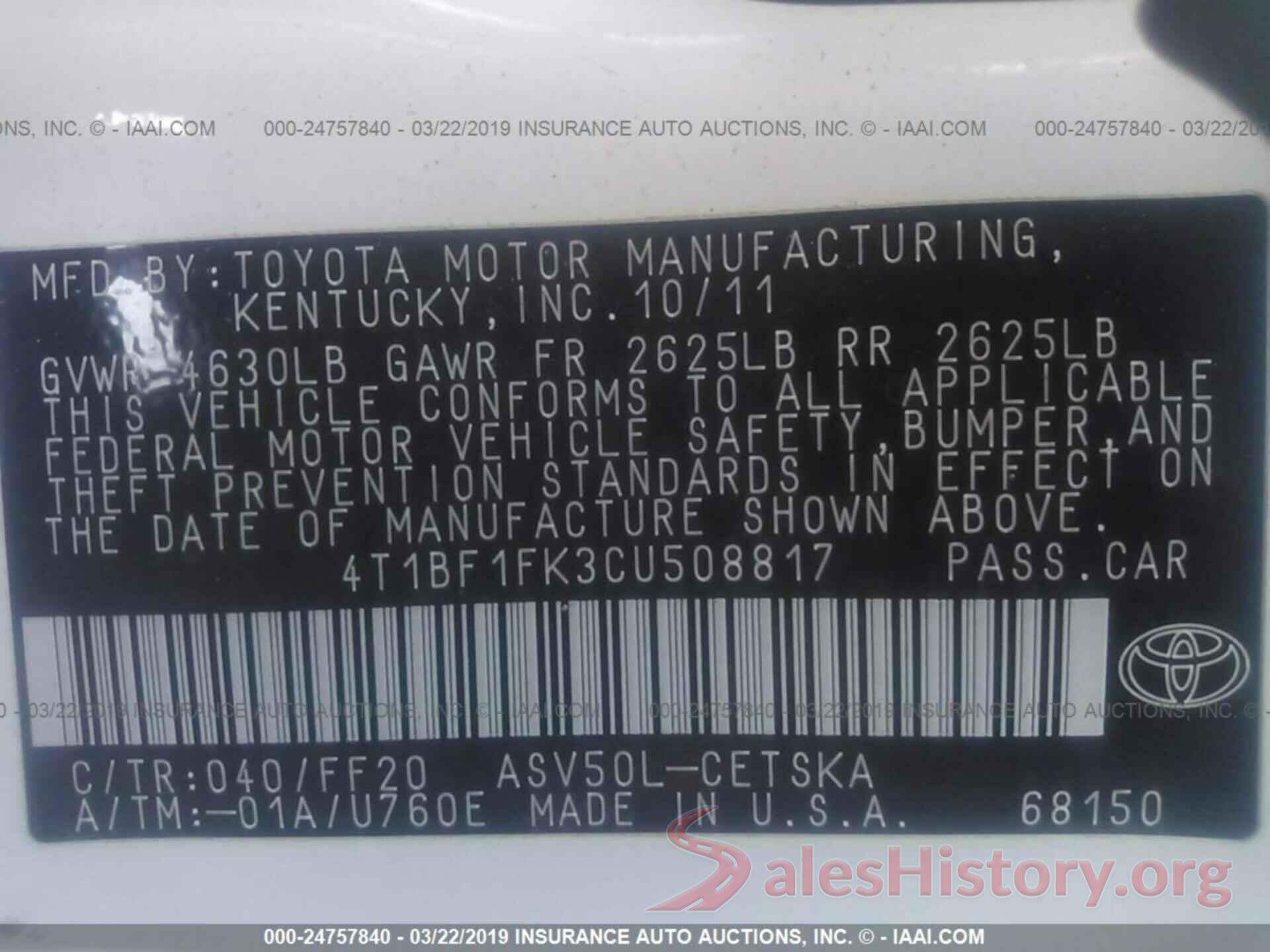 4T1BF1FK3CU508817 2012 TOYOTA CAMRY