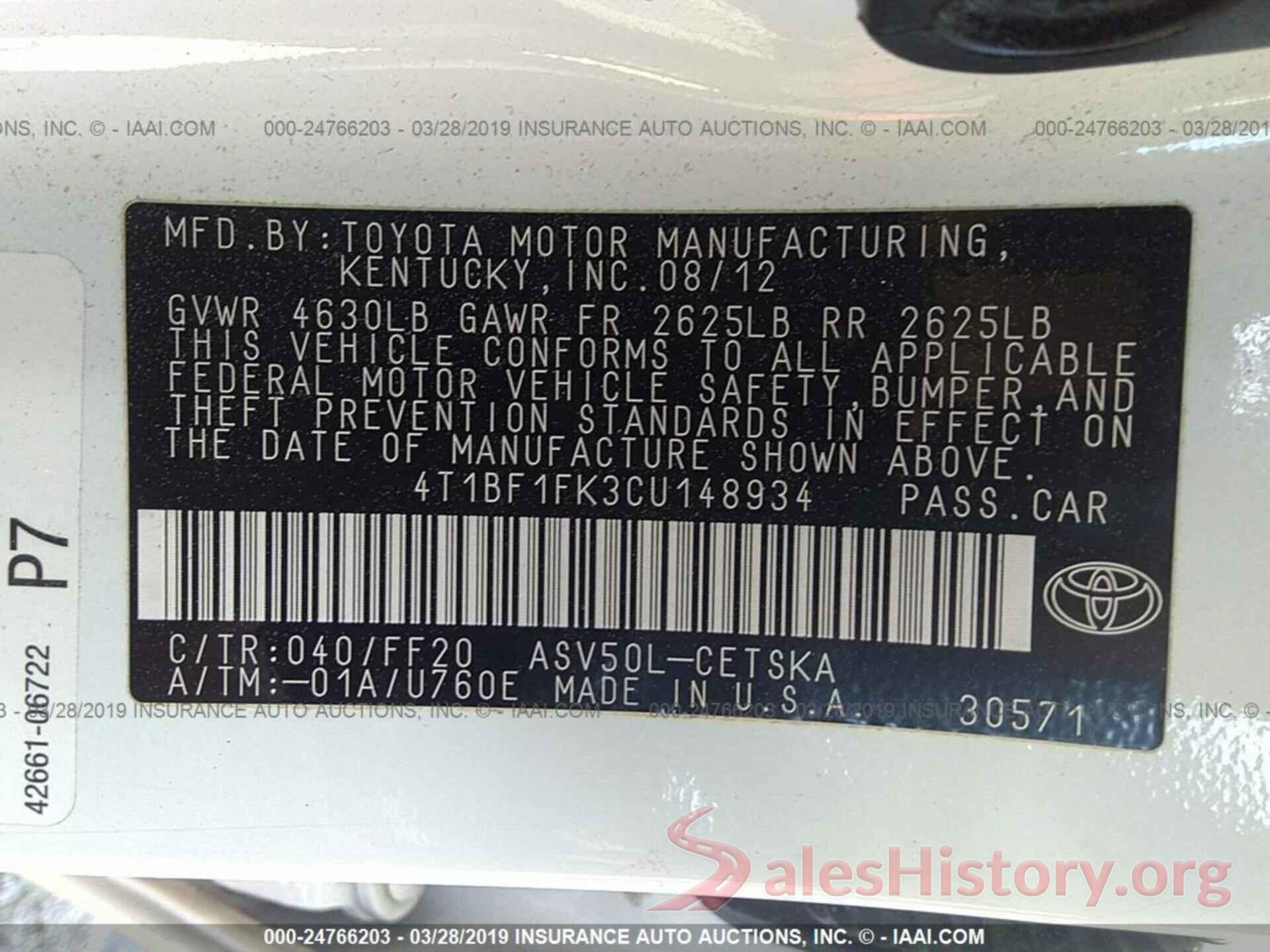 4T1BF1FK3CU148934 2012 TOYOTA CAMRY