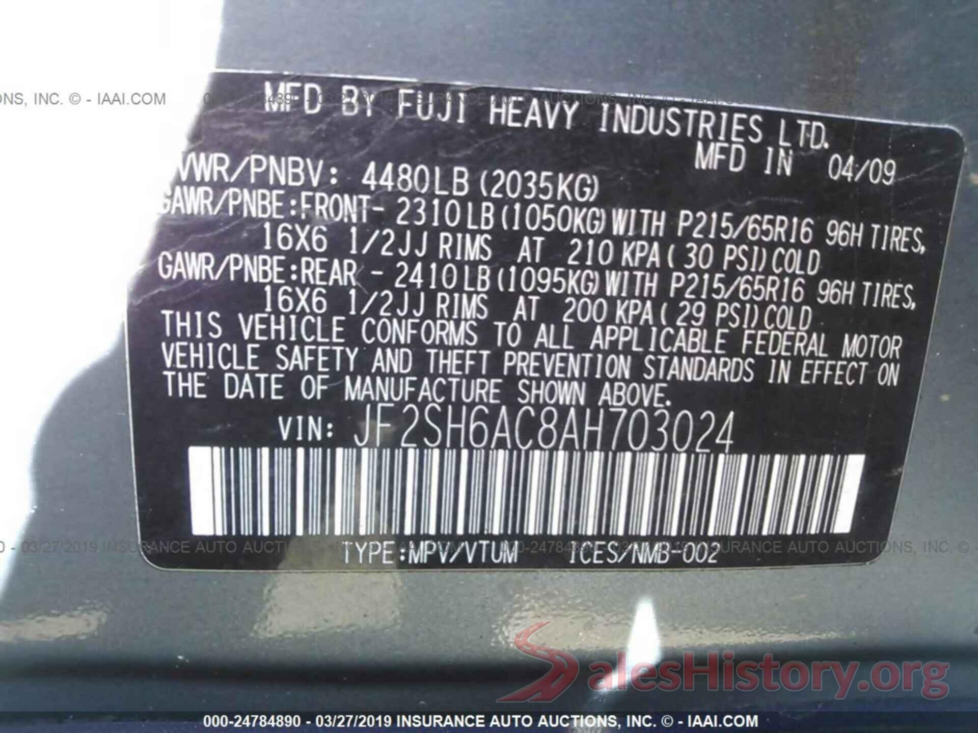 JF2SH6AC8AH703024 2010 SUBARU FORESTER